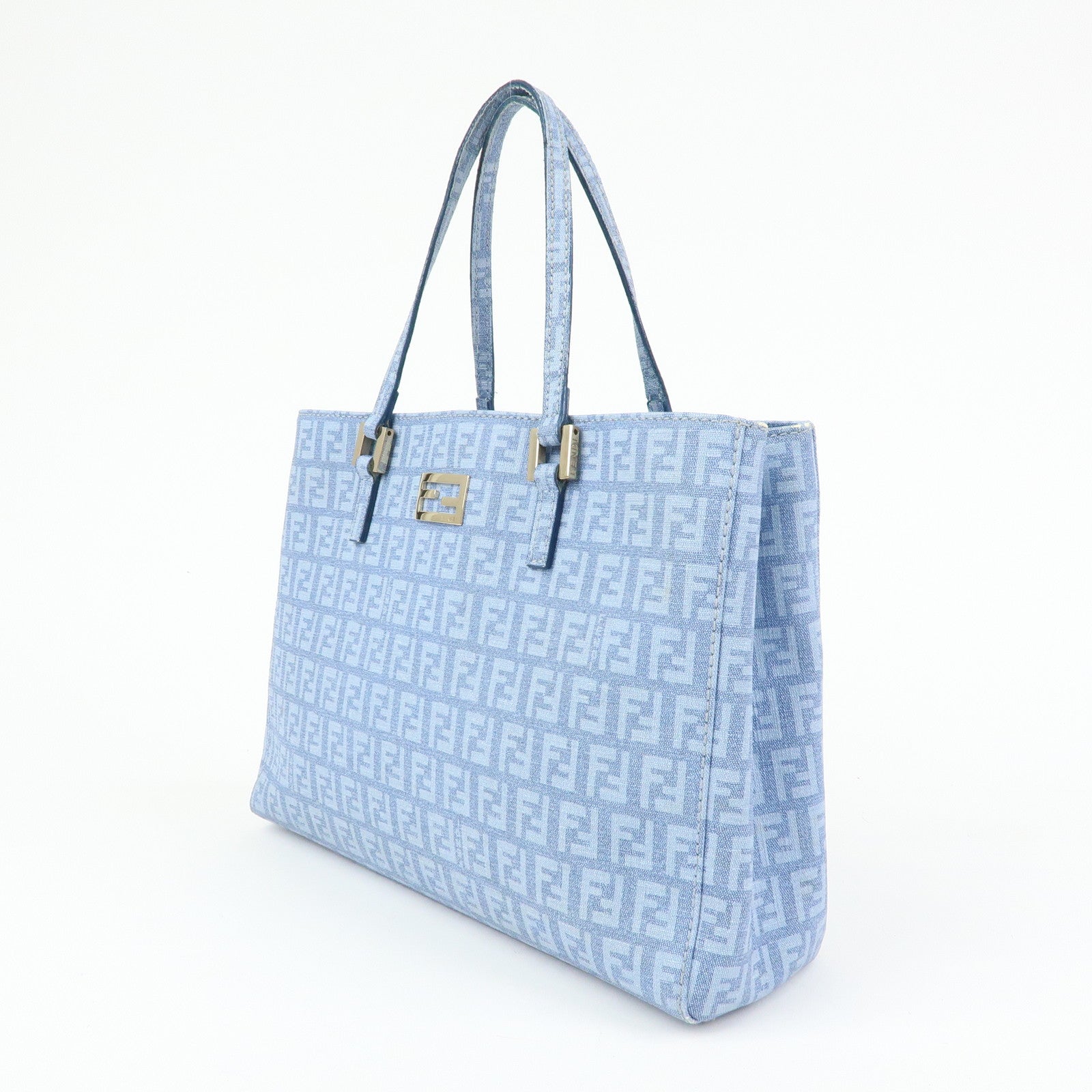 FENDI Logo Zucchino PVC Hand Bag Tote Bag Light Blue 8BH132
