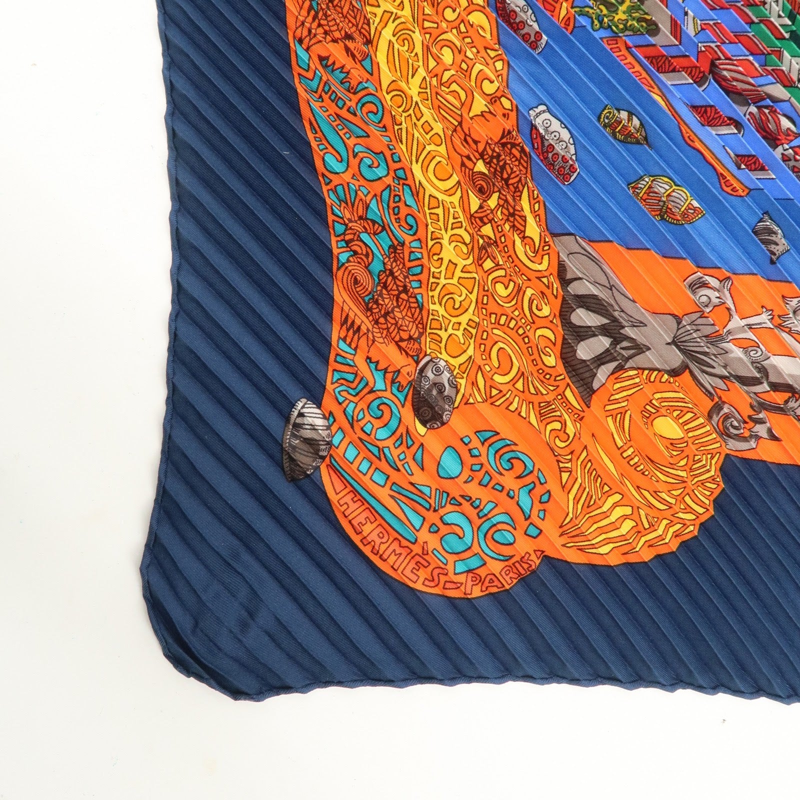 HERMES Silk 100% Pleats Carre Scarf L'ATLANTiDE Navy Red Used