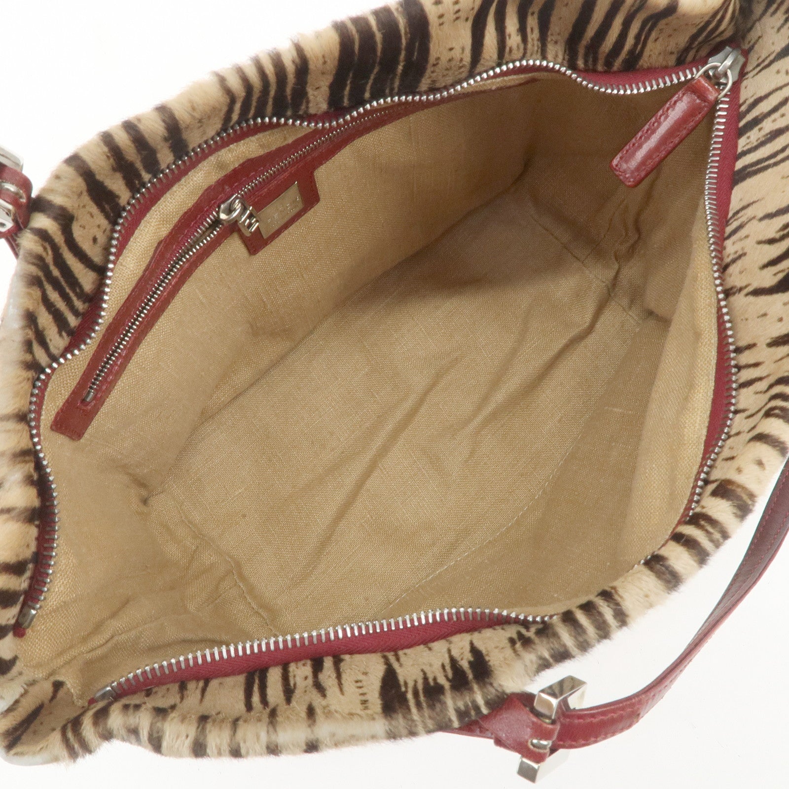 FENDI Calf Hair Leather Tote Bag Hand Bag Beige Red 26634