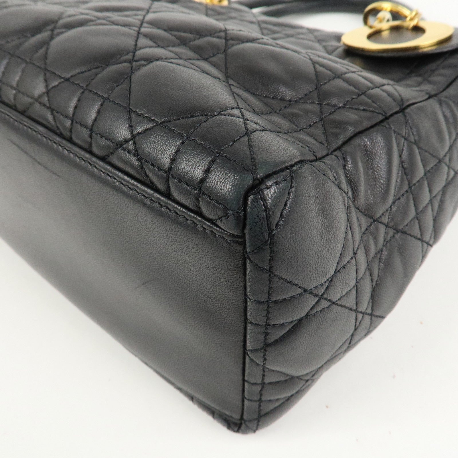 Christian Dior Lady Dior Canage Leather Hand Bag Black Used