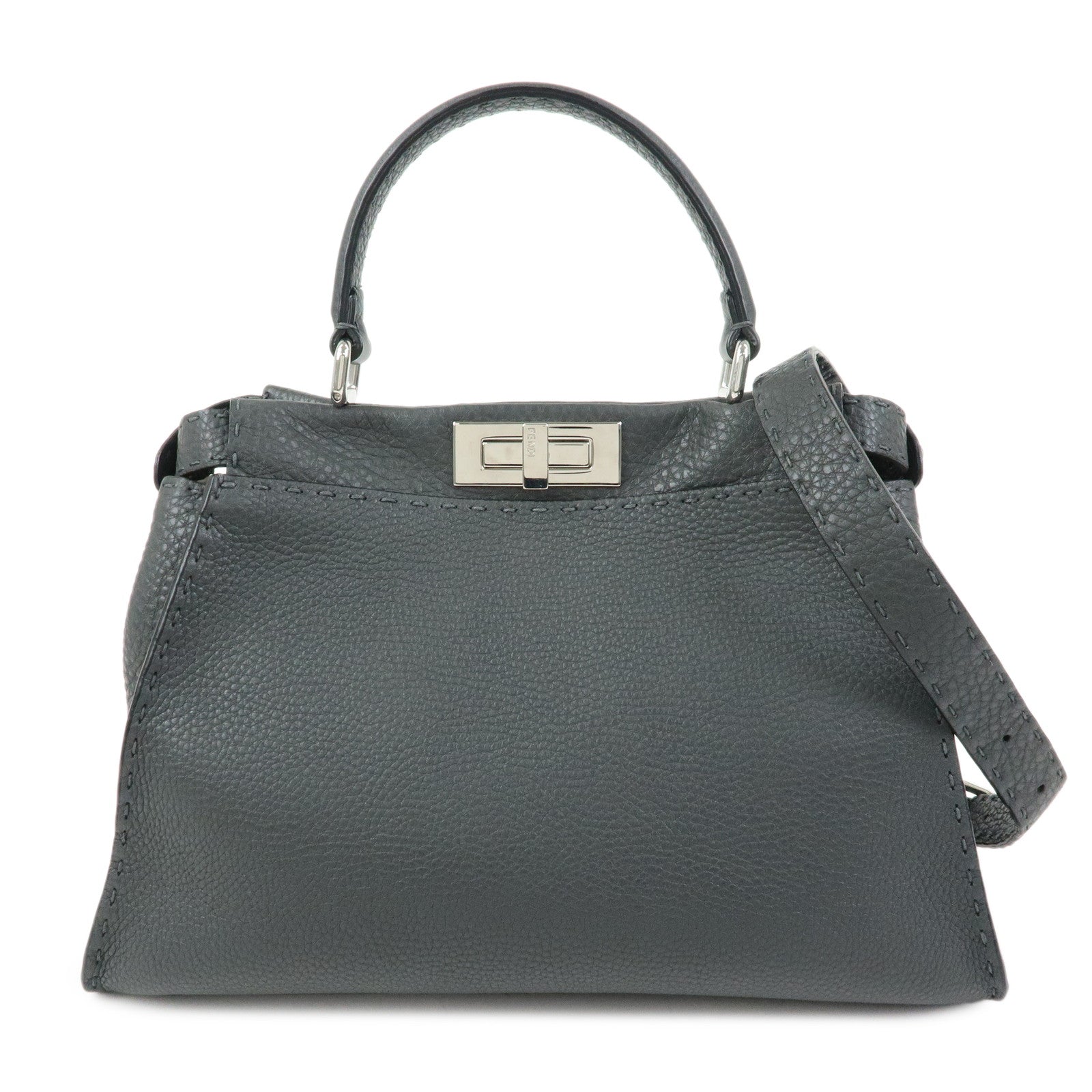 FENDI Selleria Leather 2Way Bag Hand Bag Shoulder Bag Grey 8BN290