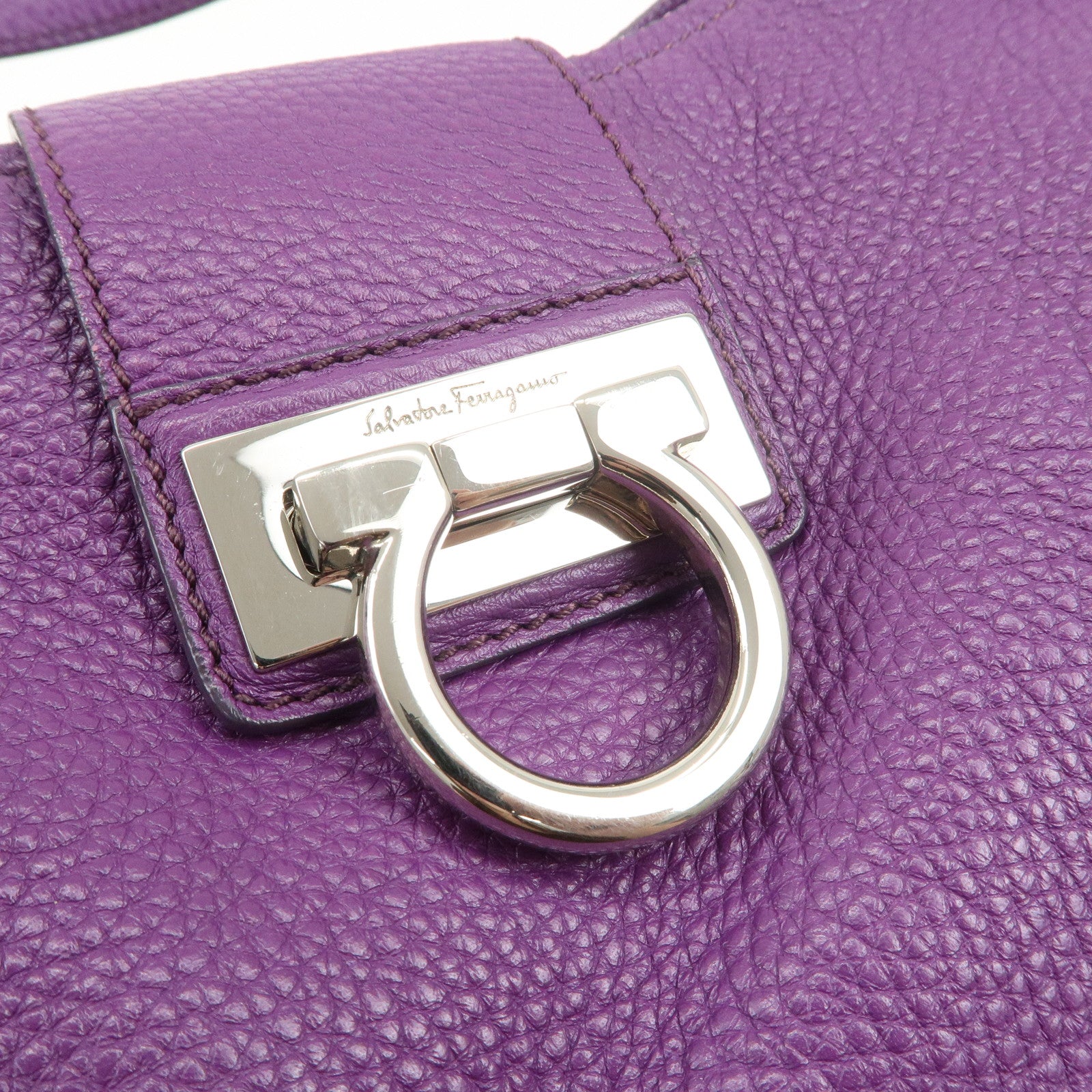 Ferragamo Gancini Logo Leather Shoulder Bag Hand Bag Purple