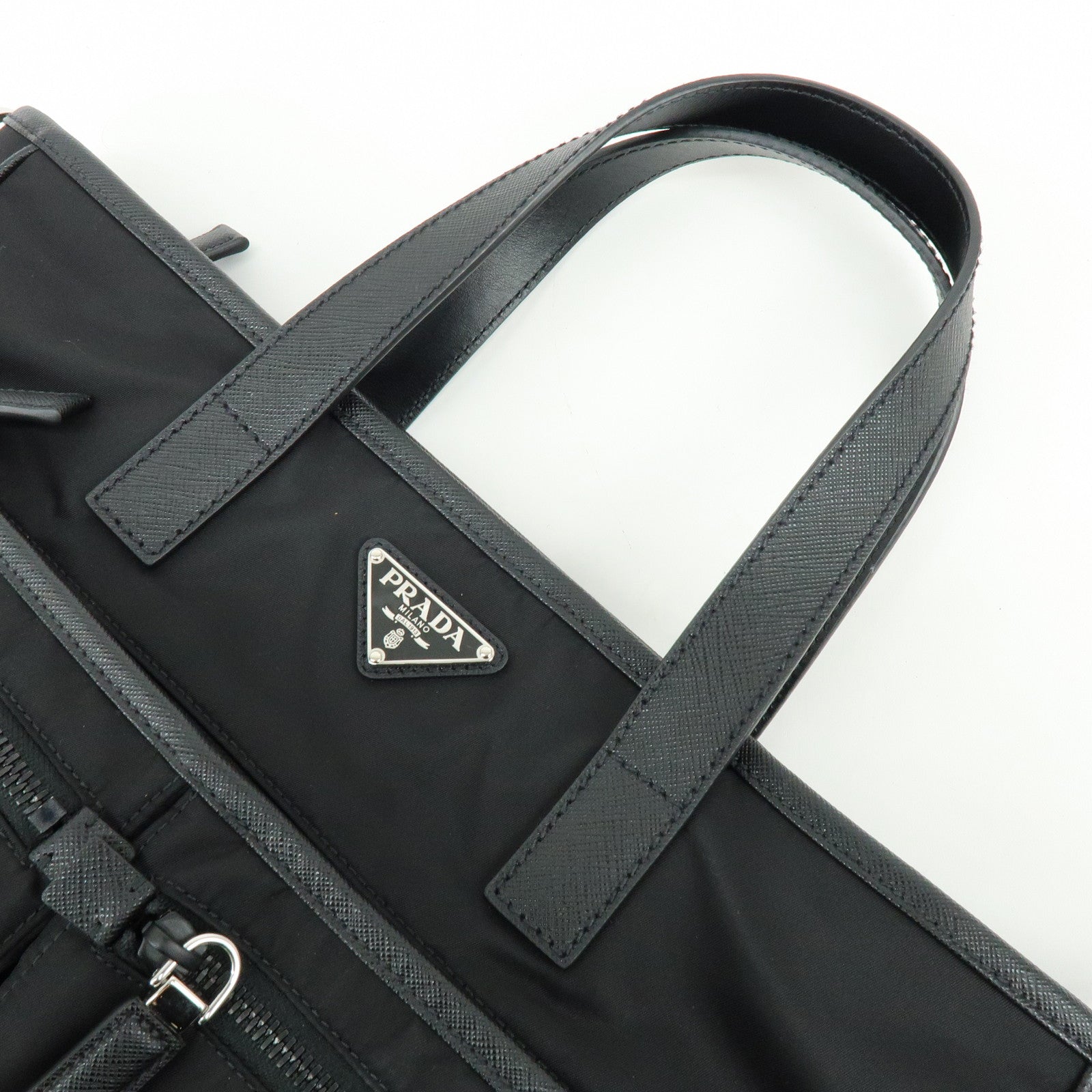 PRADA Triangle Logo Re-Nylon Saffiano Leather Tote Bag Black 2VG860