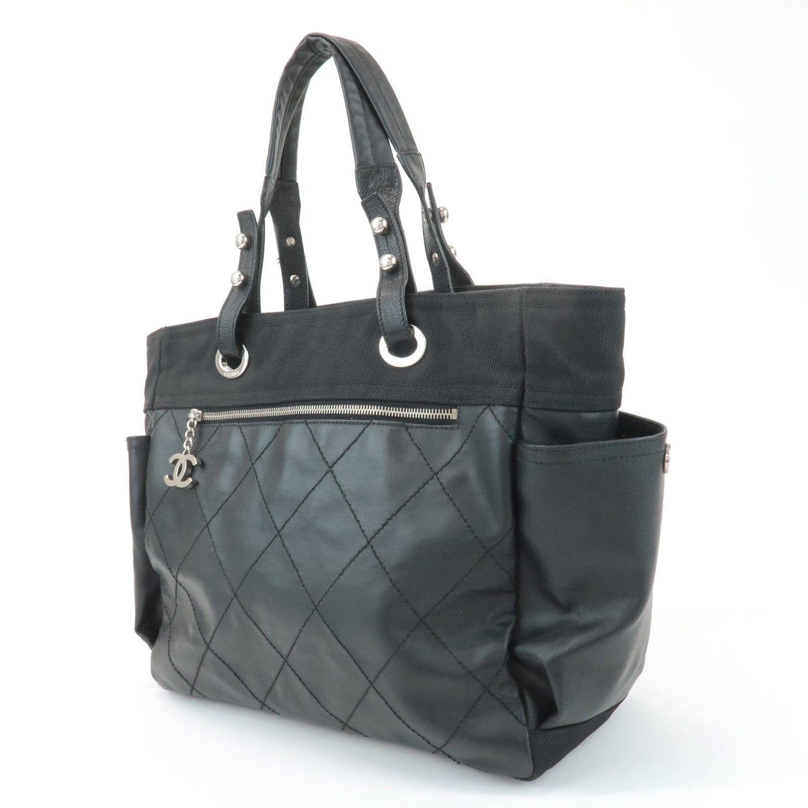 CHANEL COCO Paris Biarritz GM Coated Canvas Leather Tote Bag Black