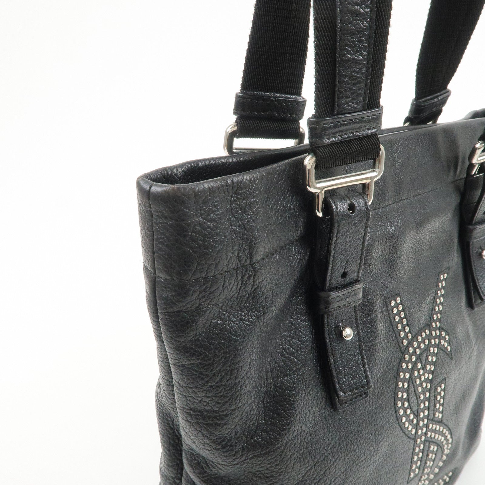 SAINT LAURENT PARIS Leather Canvas Tote Bag Hand Bag Shoulder Bag