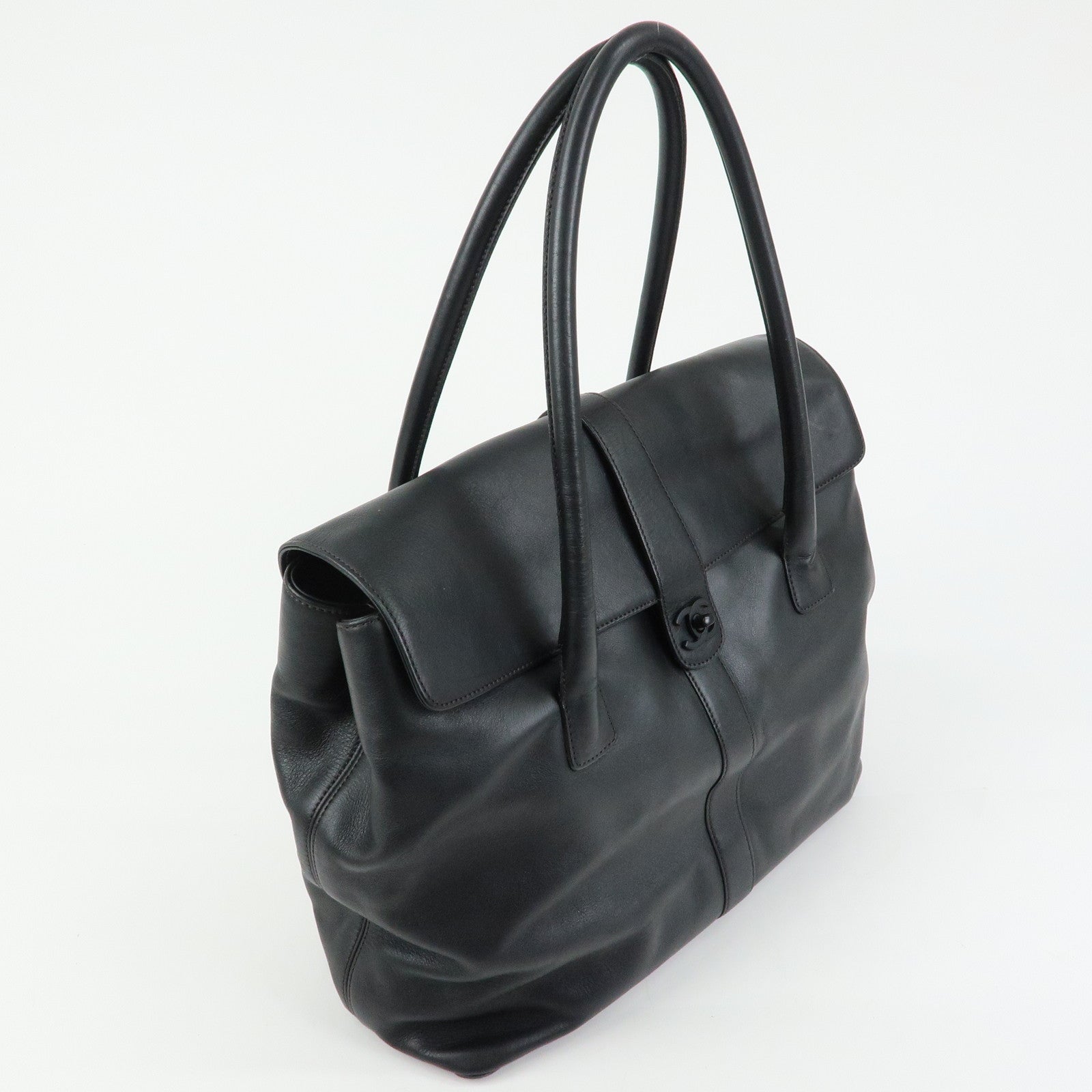 CHANEL COCO Mark Calf Leather Boston Bag Hand Bag Black