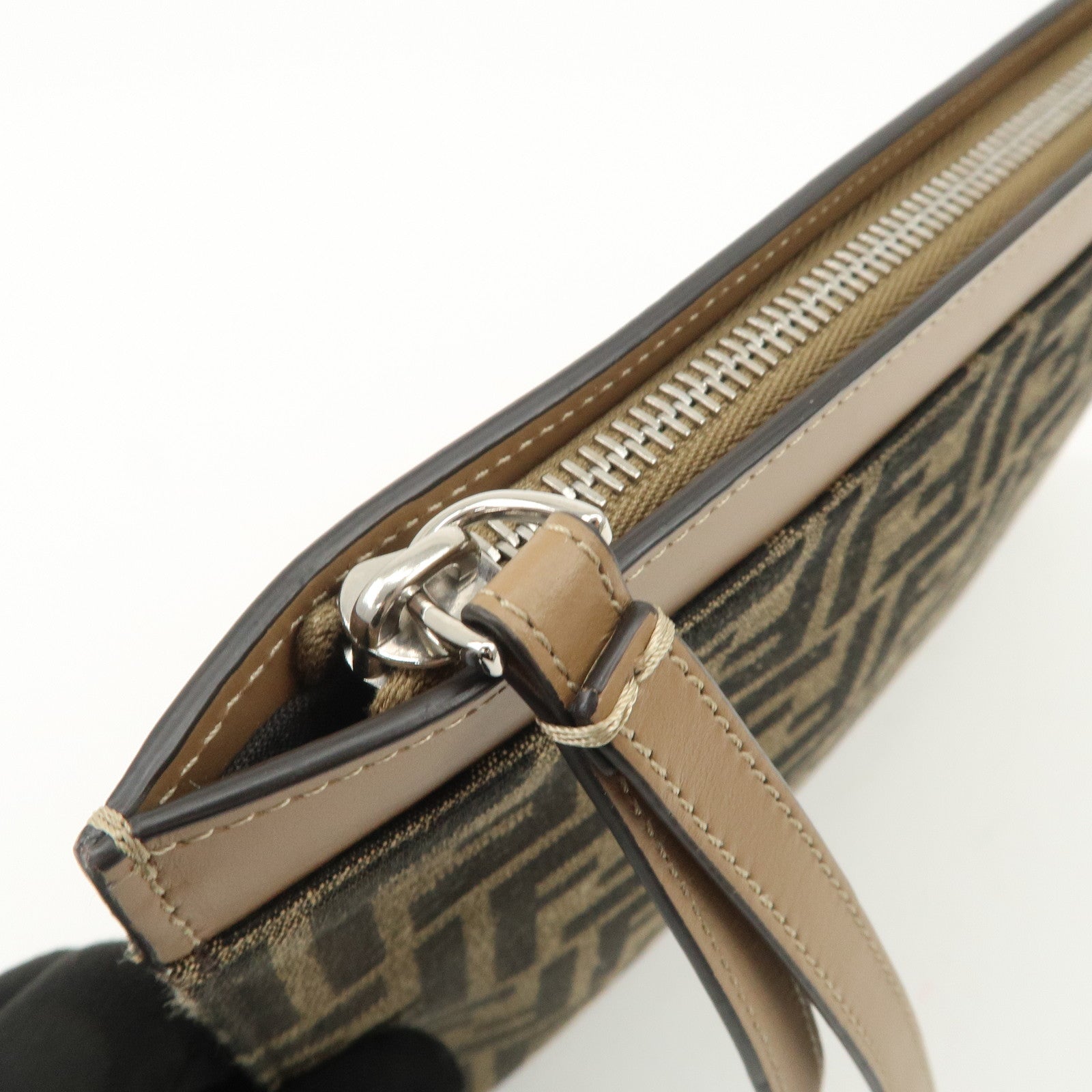 FENDI Zucca Leather Canvas Slim Clutch Bag Medium Brown 7N0134