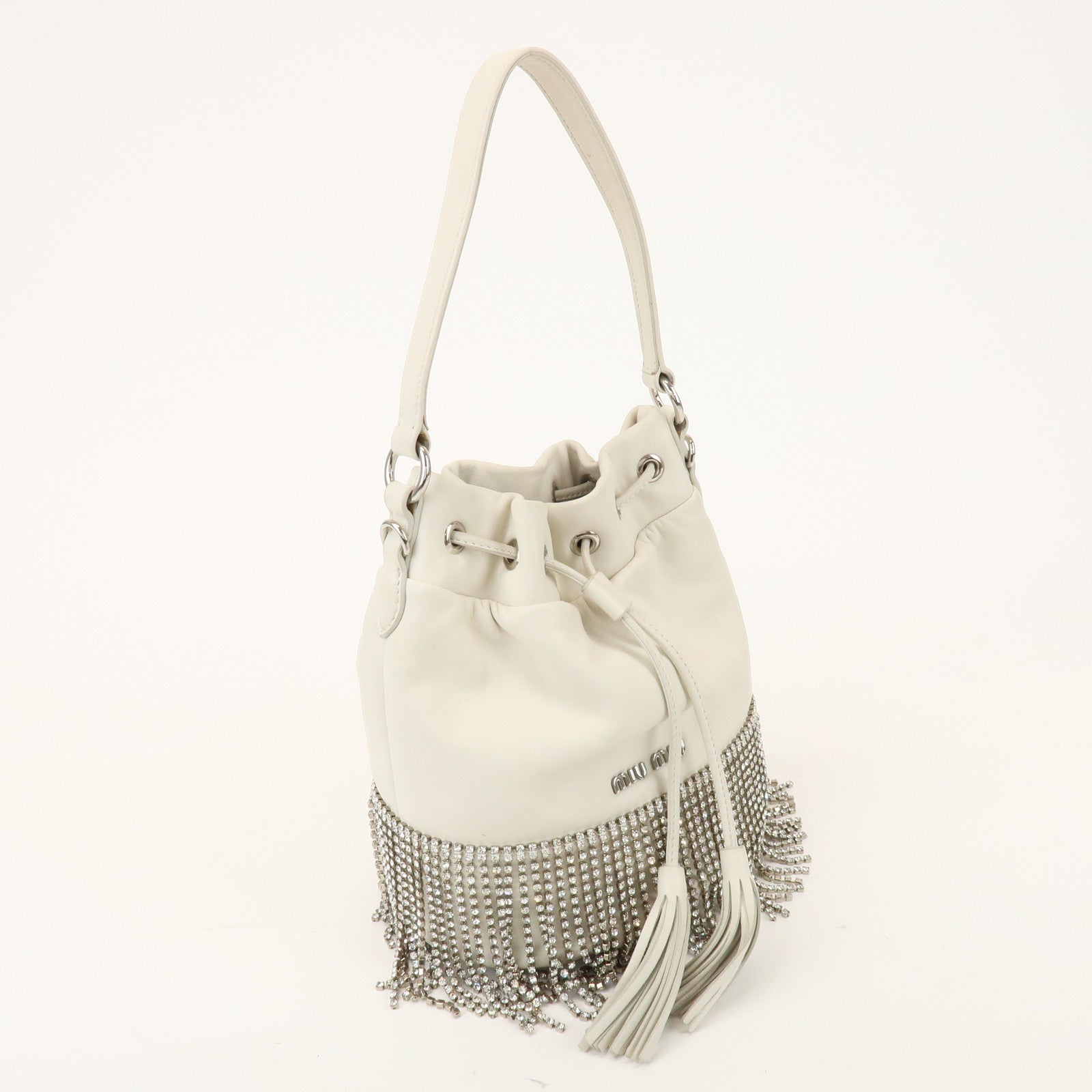 MIU MIU Logo Nappa Leather Strass Fringe 2Way Bag White 5BE014
