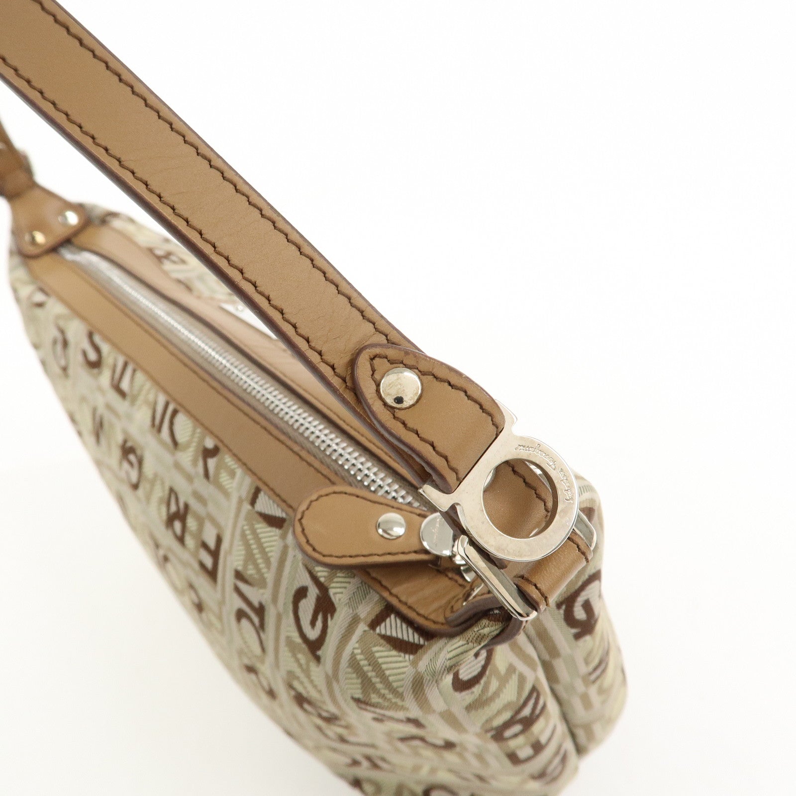 Ferragamo Logo Canvas Leather Hand Bag Shoulder Bag Beige Brown