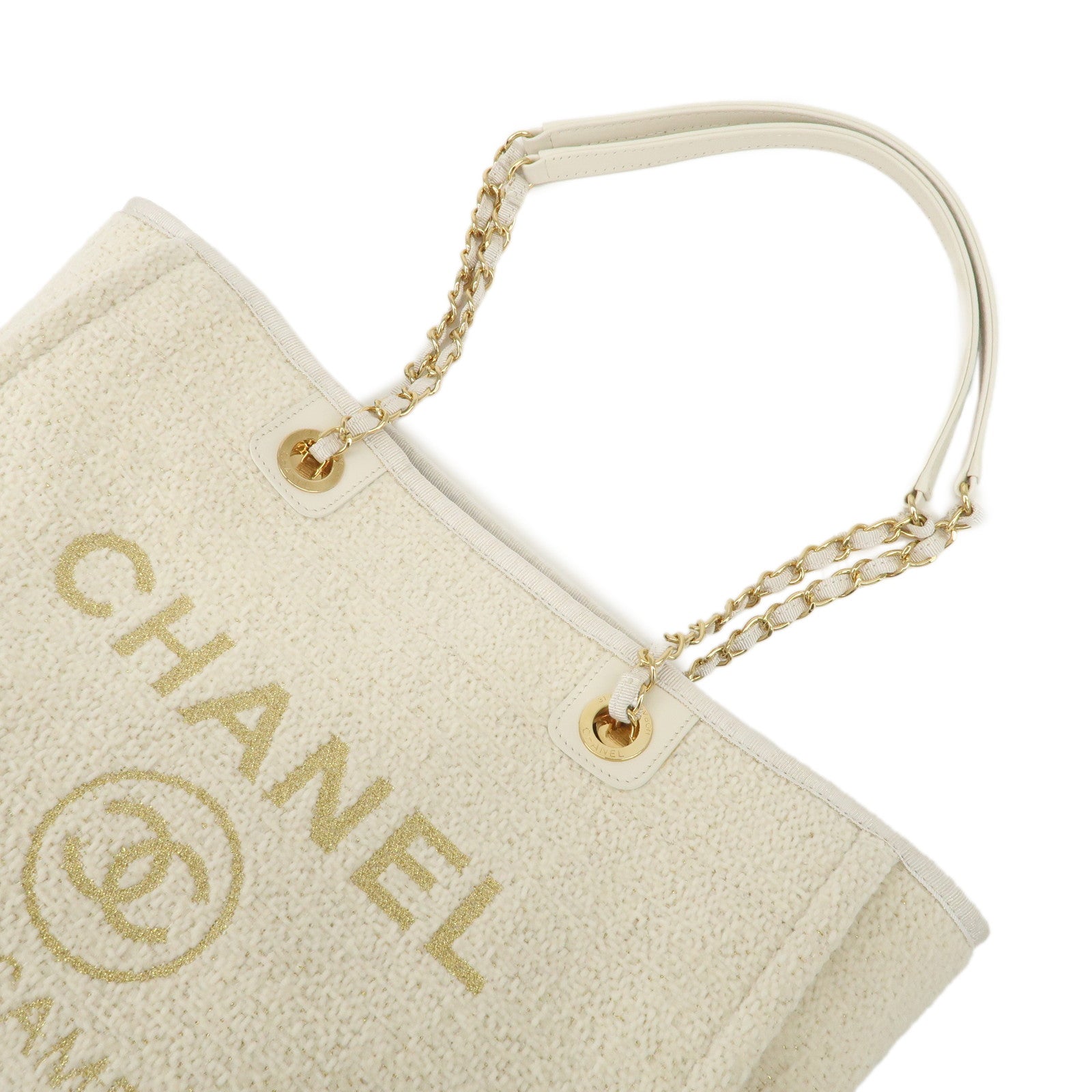 CHANEL Leather Tweed Deauville MM Shoulder Bag Tote Bag Ivory