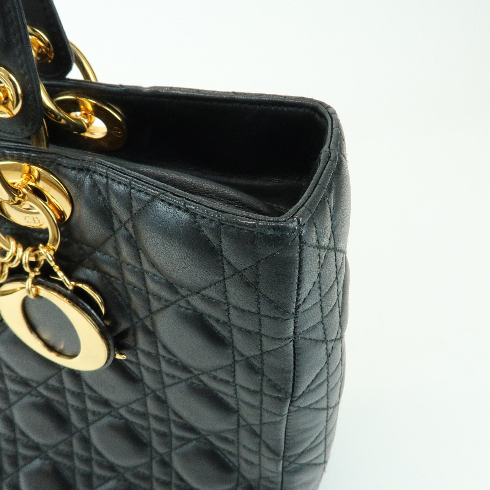 Christian Dior Cannage Lady Dior Leather Large Tote Hand Bag Black