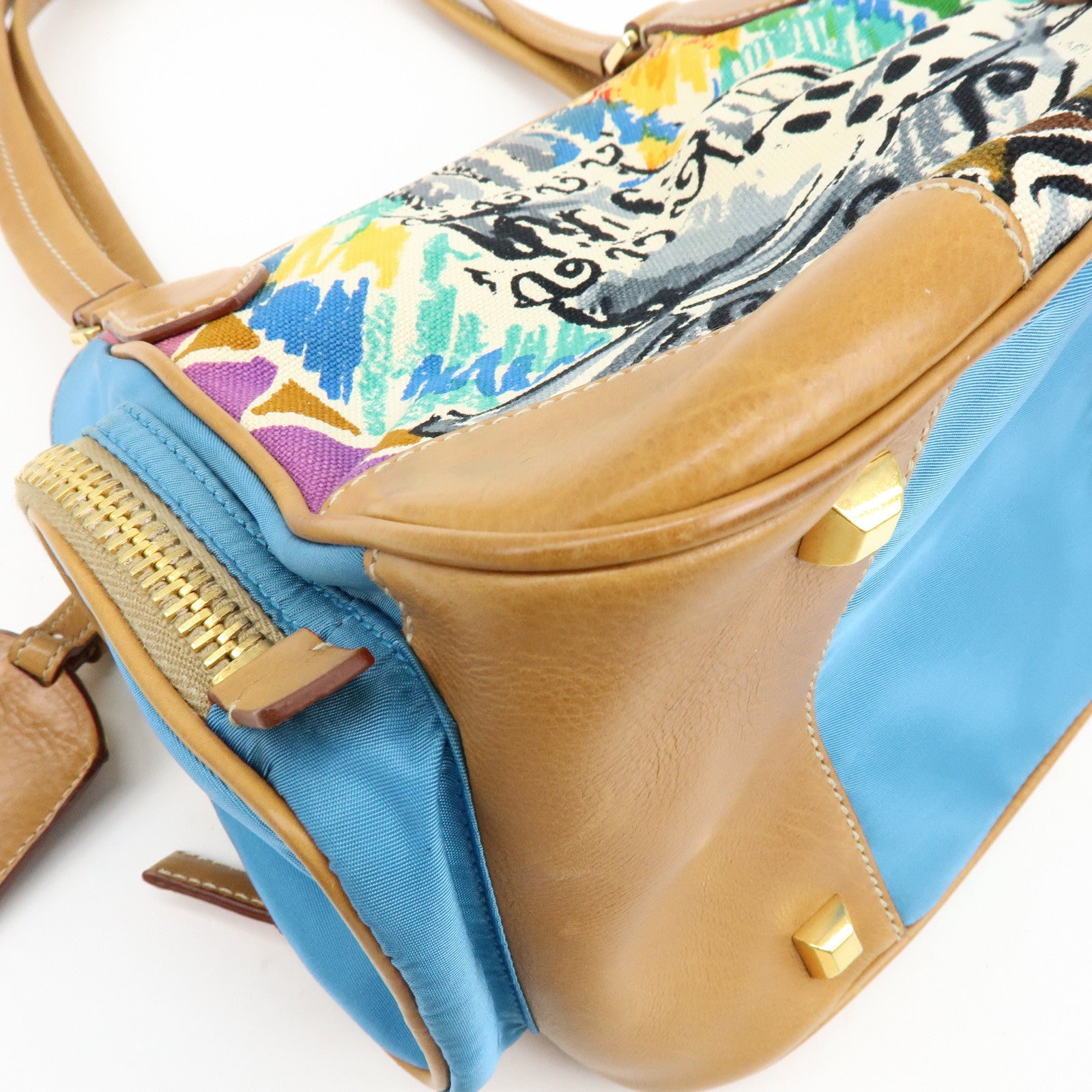 PRADA Triangle Logo Canvas Leather Hand Bag Light Brown Blue