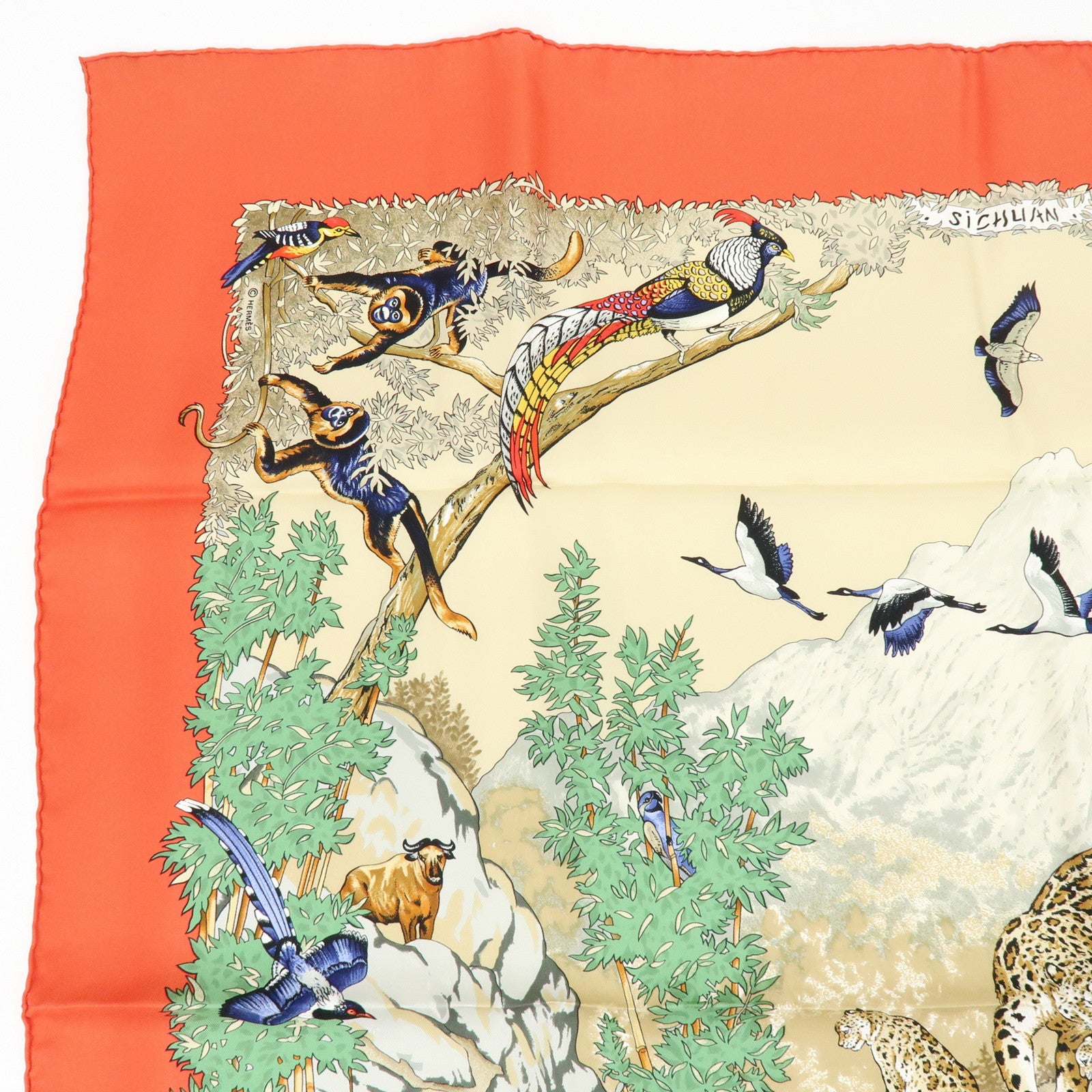 HERMES Carre 90 Silk 100% Scarf Sichuan Province Orange Beige