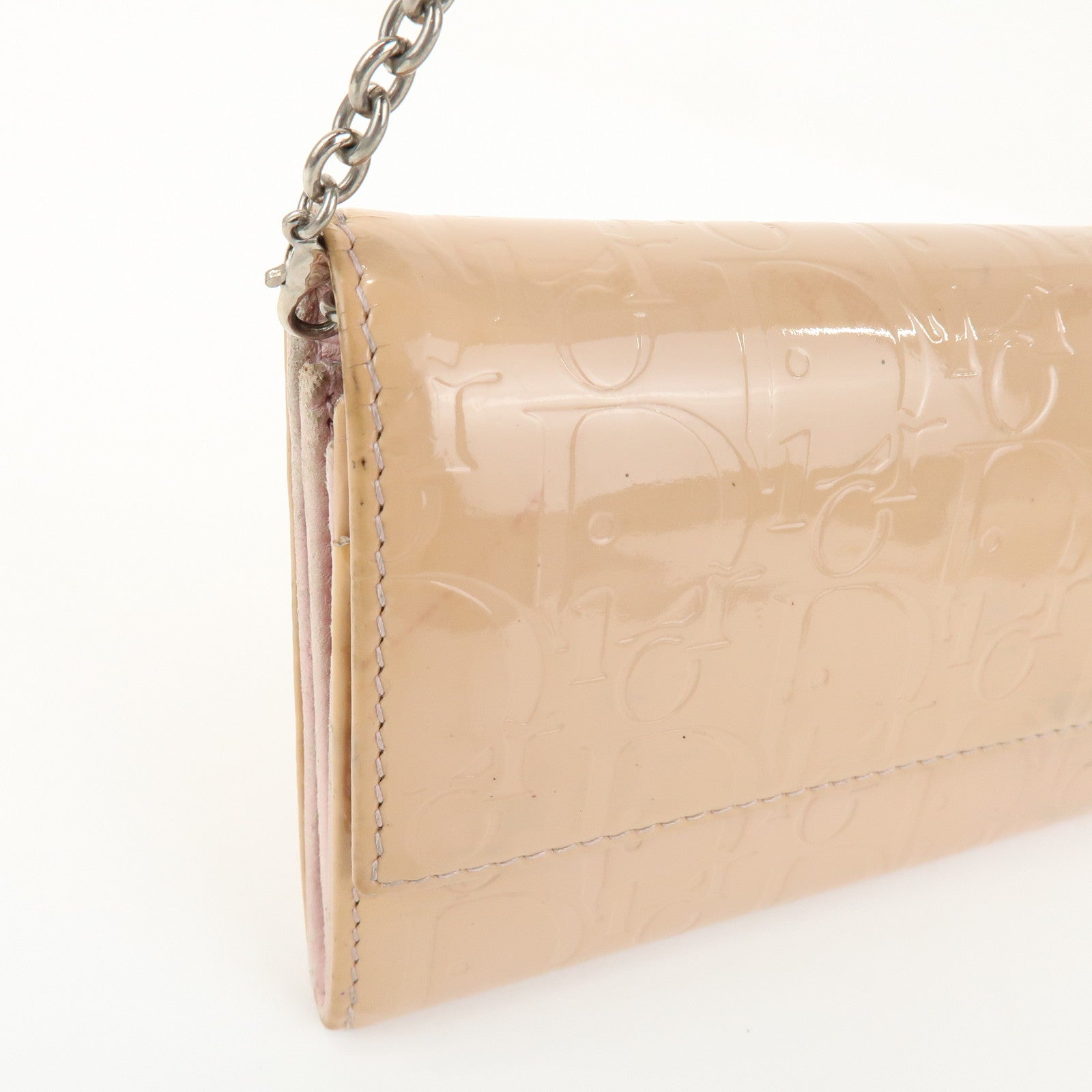 Christian Dior Patent Leather Chain Wallet Long Wallet WOC Beige