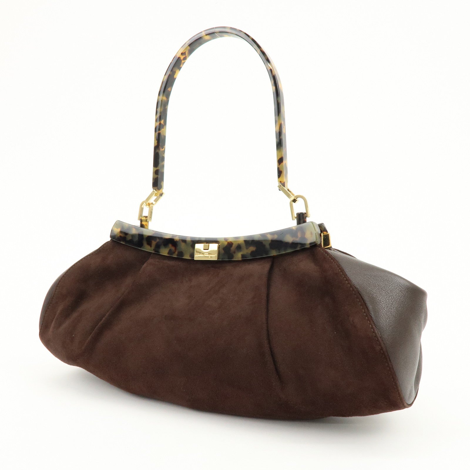 Ferragamo Suede Leather Plastic Shoulder Bag Hand Bag Brown