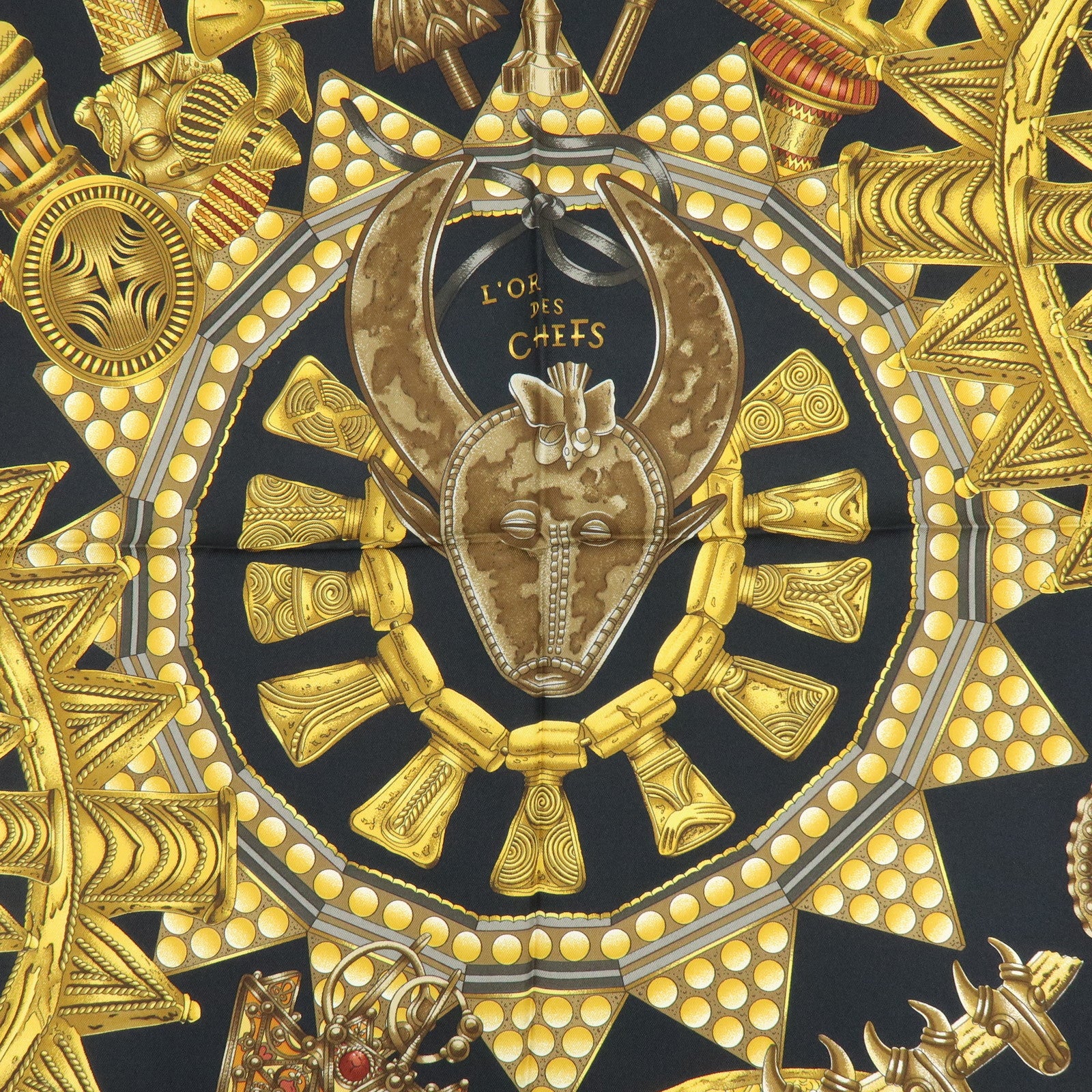 HERMES Carre 90 Silk 100% Scarf L'OR DES CHEFS Black Gold