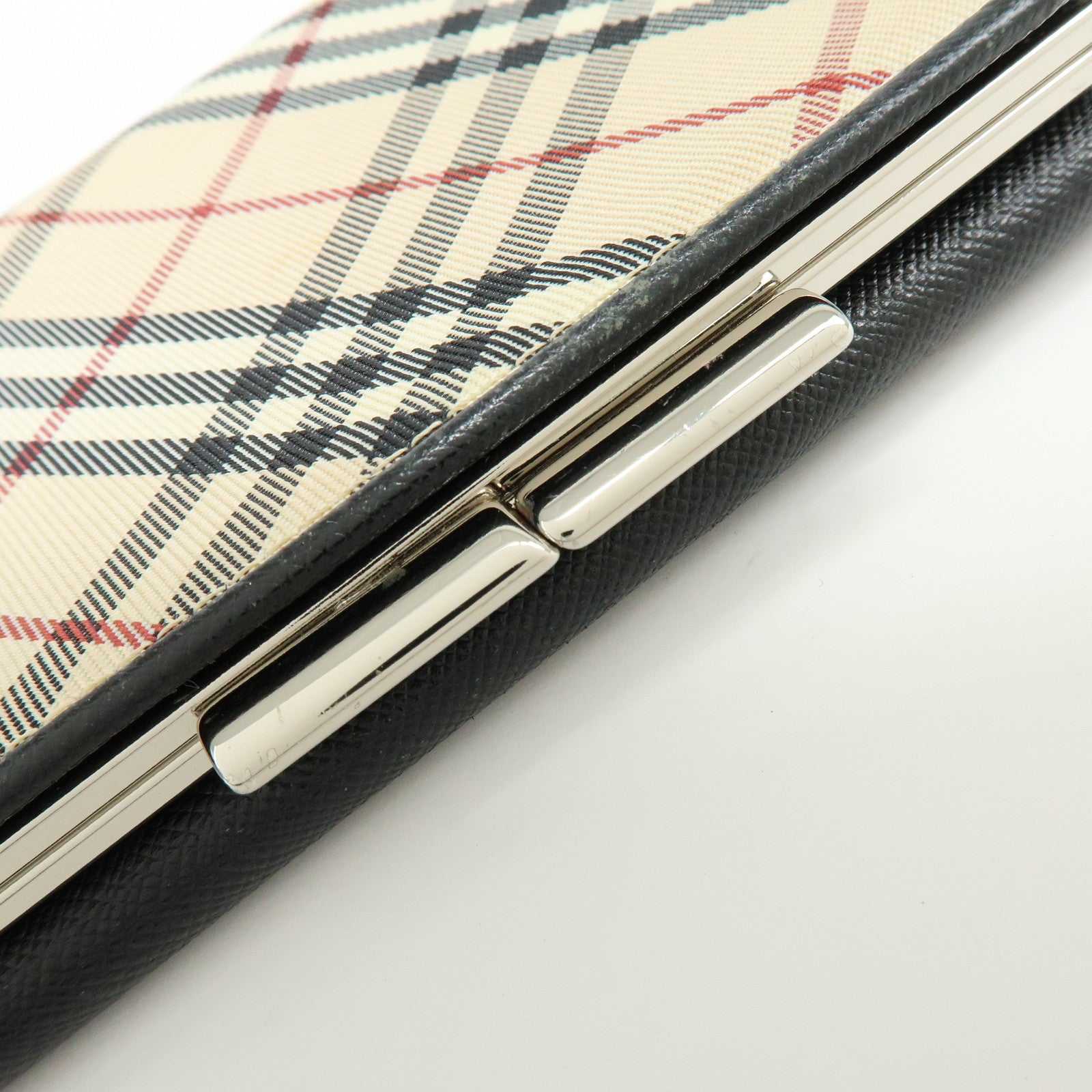 BURBERRY Nova Plaid Canvas Leather Compact Wallet Black Beige