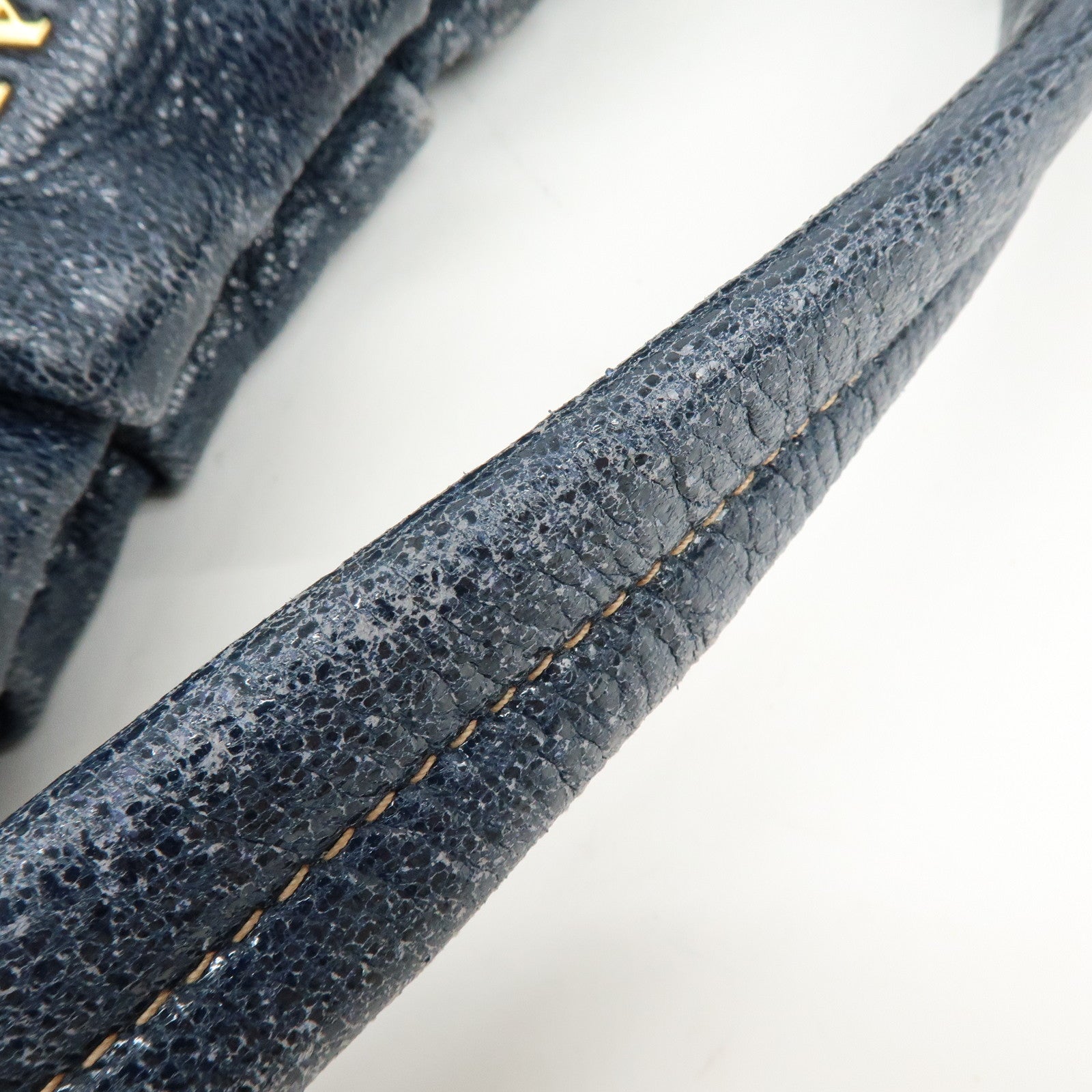 PRADA Logo Shiny Coated Leather Shoulder Bag Hand Bag Navy BR4070