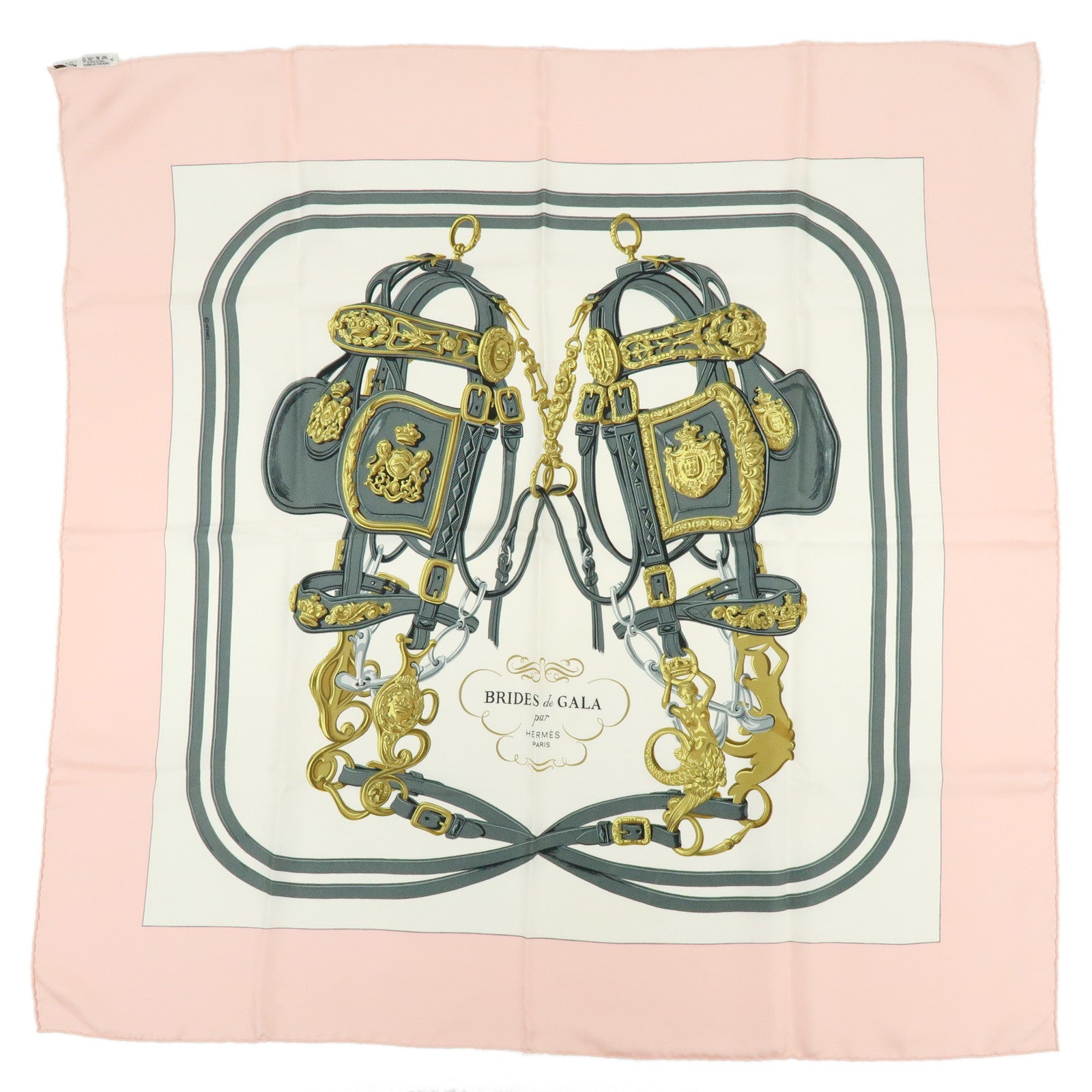 HERMES Carre 90 Silk 100% BRIDES DE GALA Scarf Light Pink White