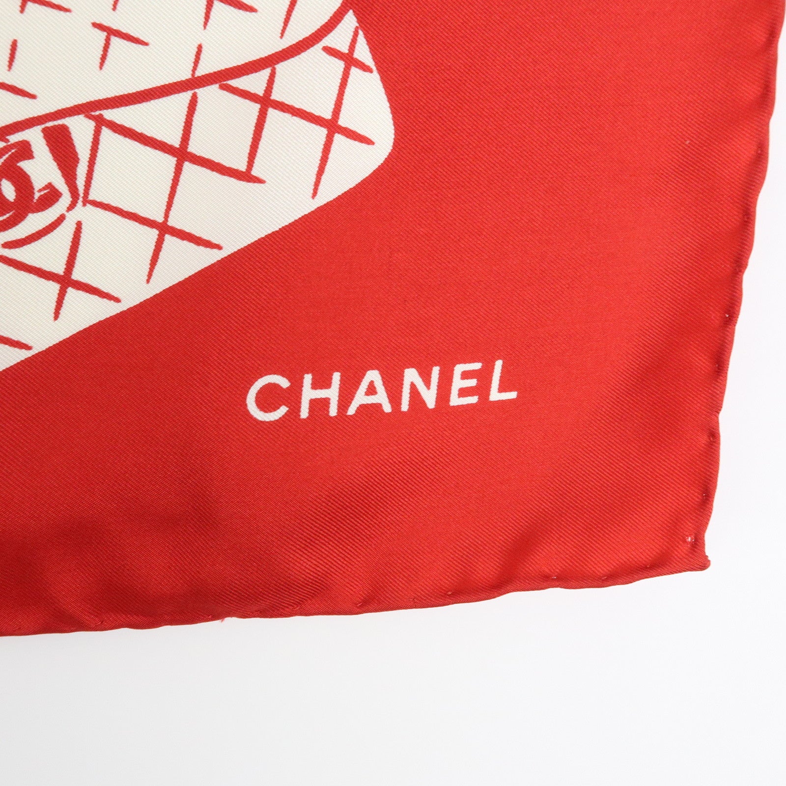 CHANEL Silk 100% Scarf Matelasse Bag Motif Red White