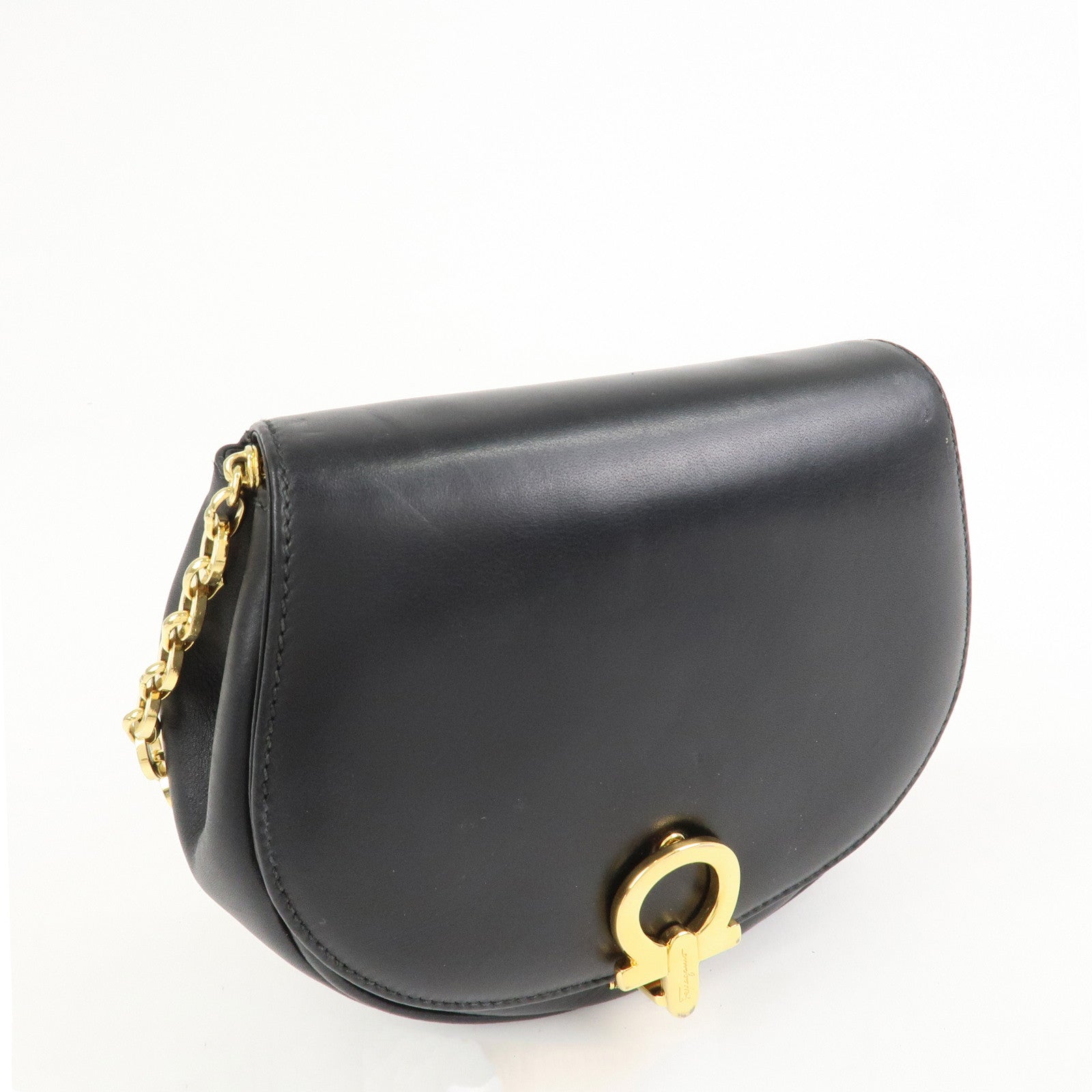 Ferragamo Gancini Leather 2Way Chain Shoulder Bag Waist Bag Black