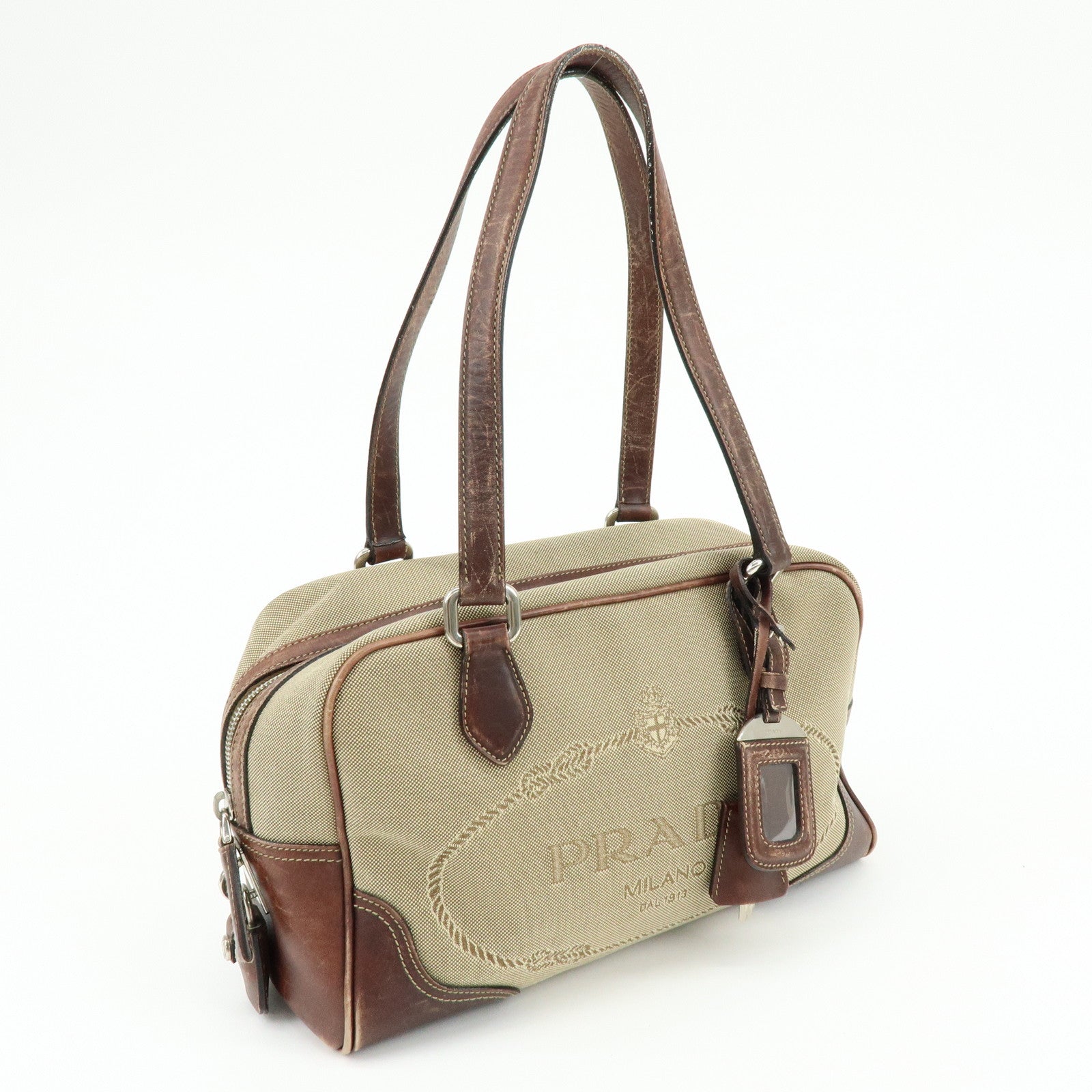PRADA Leather Logo Jacquard Tote Bag Hand Bag Beige Brown