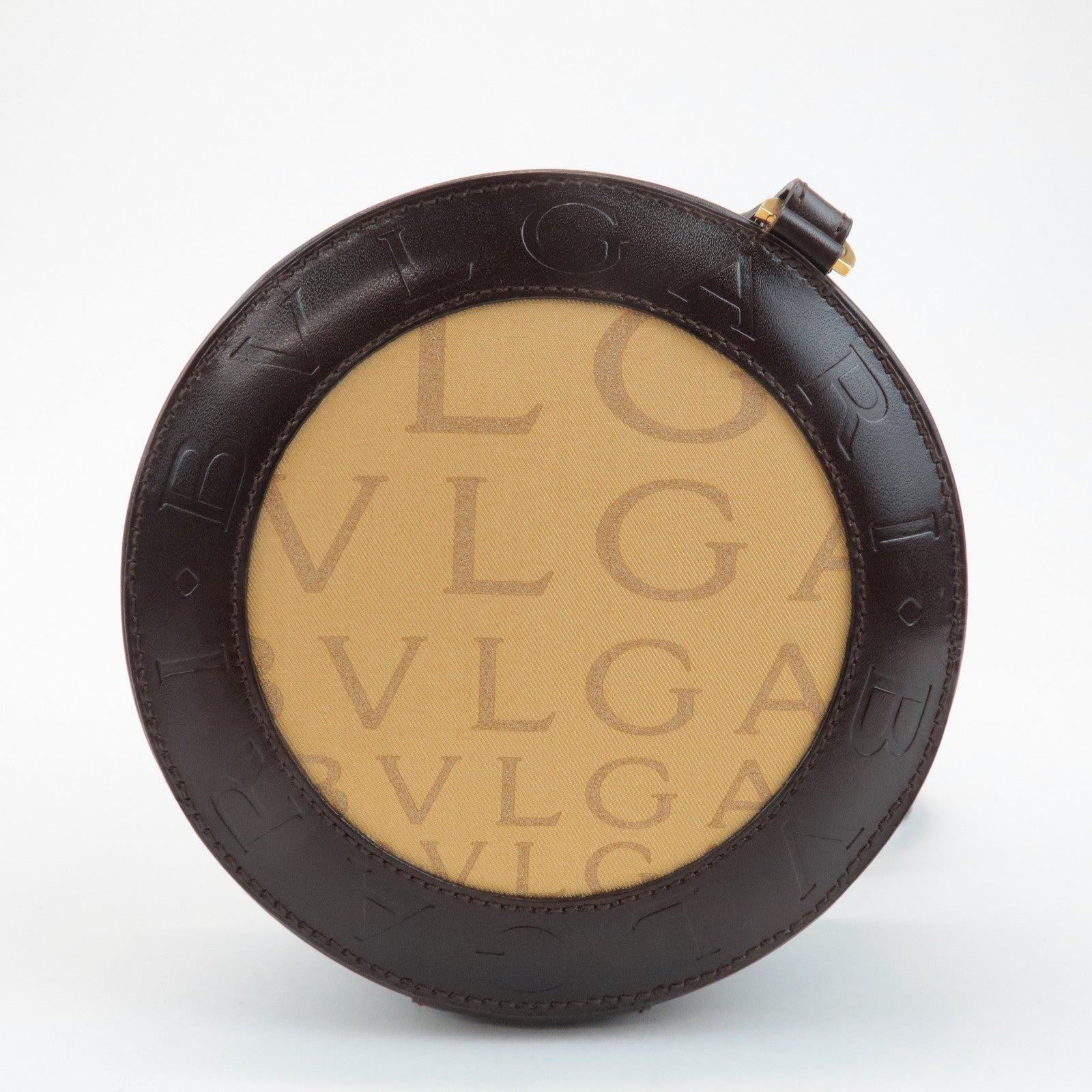 BVLGARI Logo Mania Canvas Leather B-Zero1 Drum Shoulder Bag Brown Used
