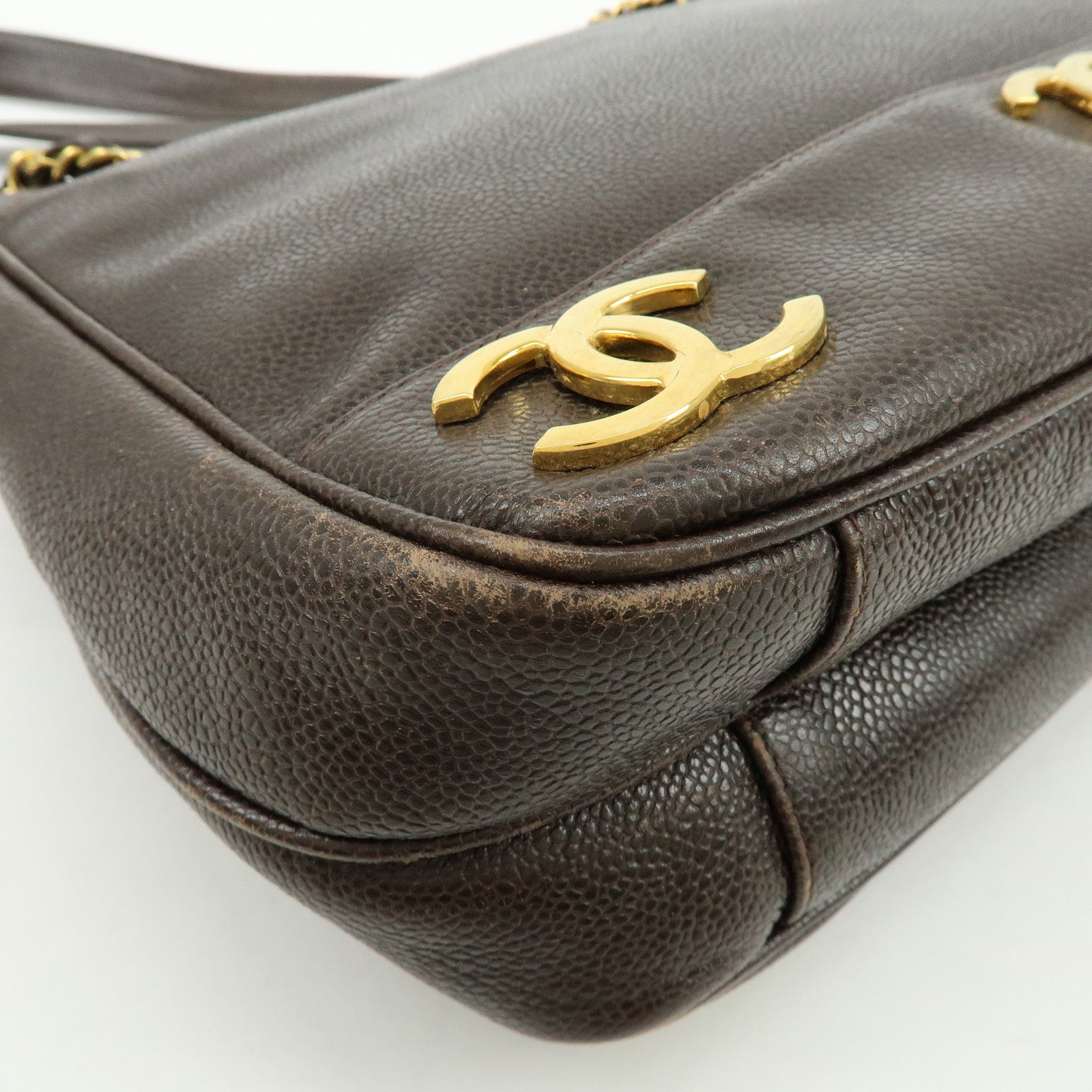 CHANEL Triple COCO Mark Caviarskin Chain Shoulder Bag Brown