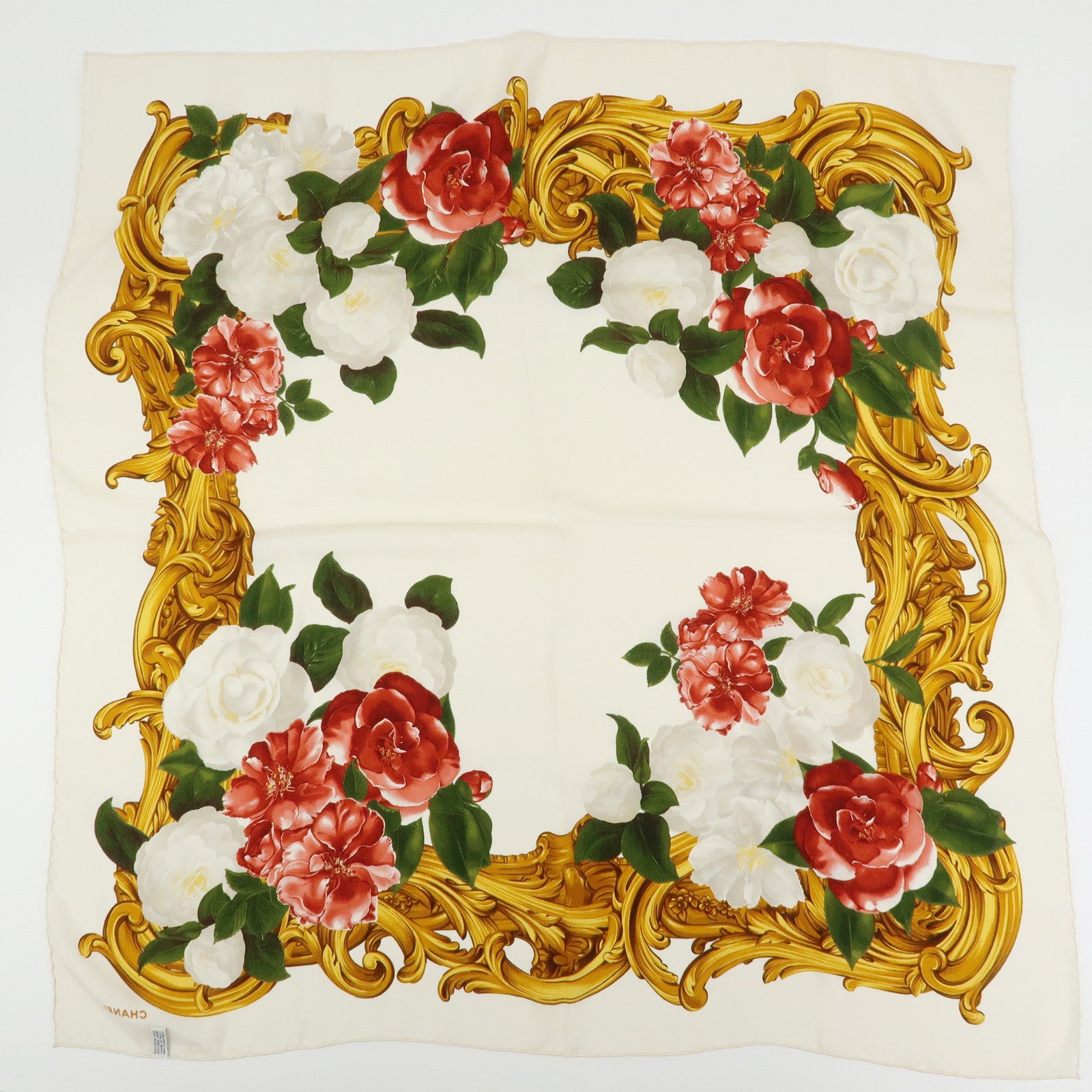 CHANEL Silk 100% Scarf Flower Print White Red Gold