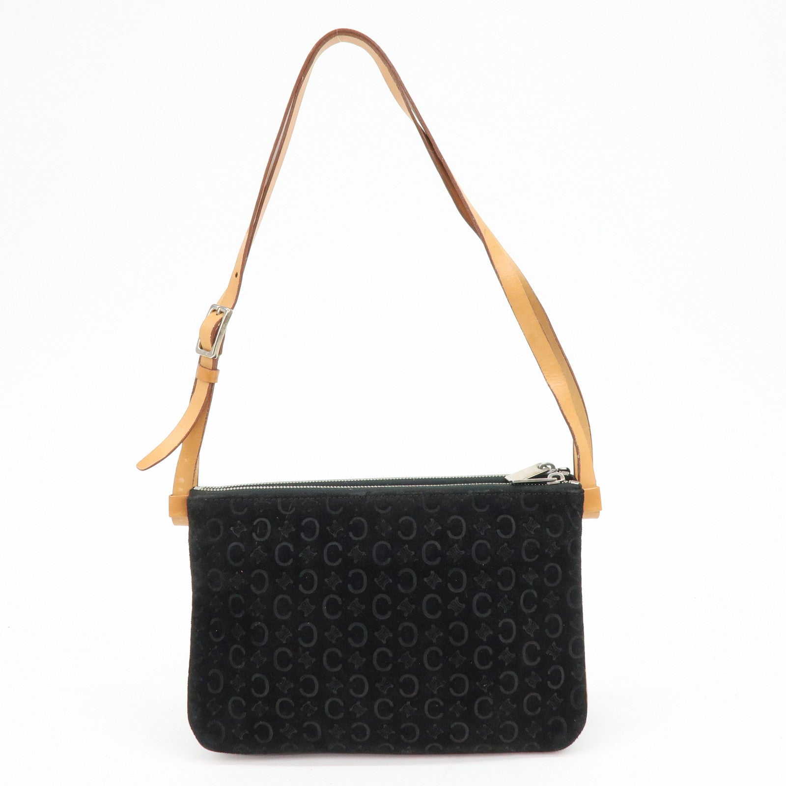 CELINE C Macadam Suede Leather Shoulder Bag Hand Bag Black Brown