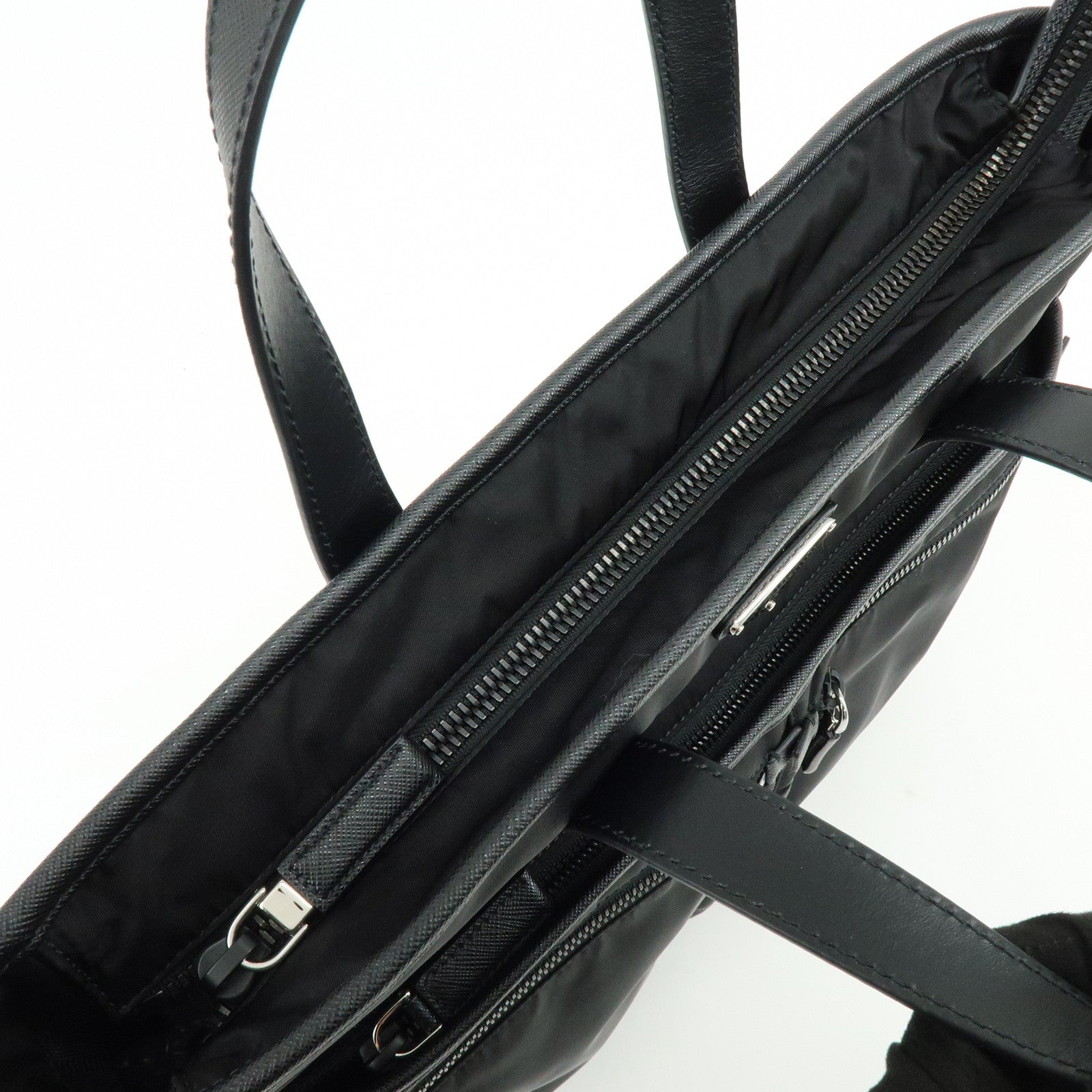 PRADA Triangle Logo Re-Nylon Saffiano Leather Tote Bag Black 2VG860