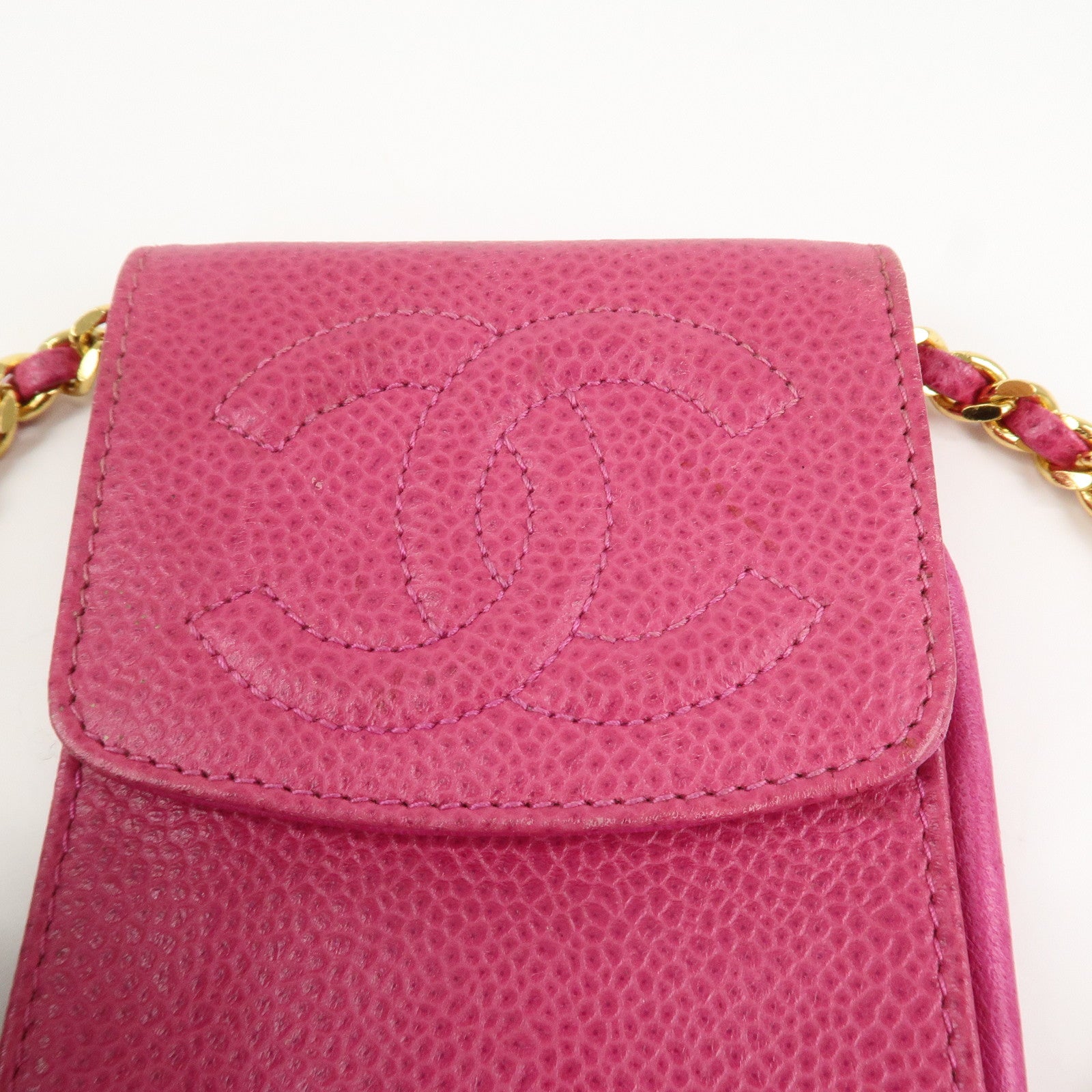CHANEL COCO Mark Caviarskin Leather Chain Cell Phone Case Pink