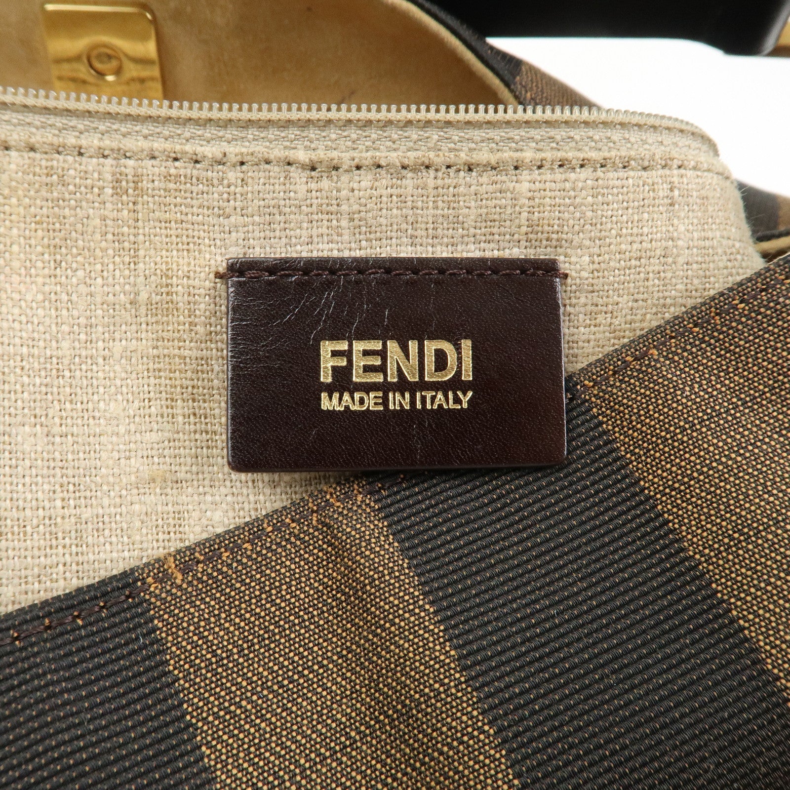 FENDI Pequin Canvas Leather Shoulder Bag Hand Bag Brown 8BR653