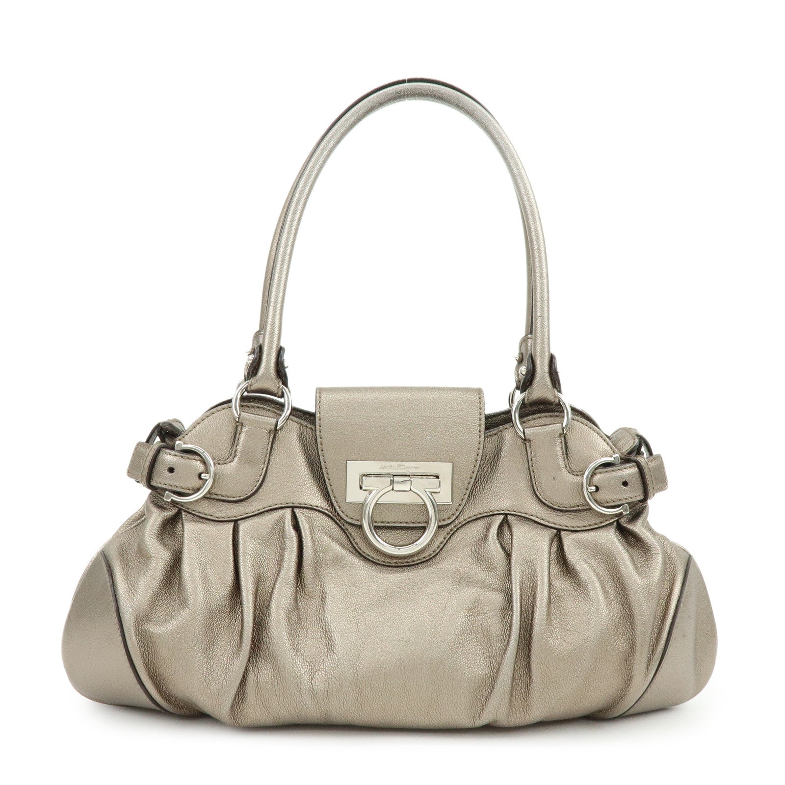 Ferragamo Gancini Leather Hand Bag Shoulder Bag Bronze