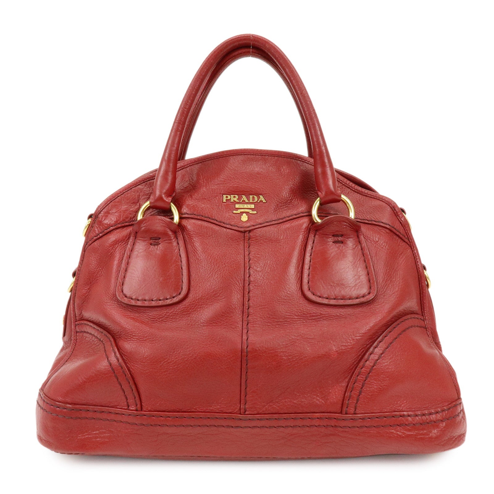 PRADA Cervo Shine Leather Bowler Bag 2Way Tote Bag Red BL0688