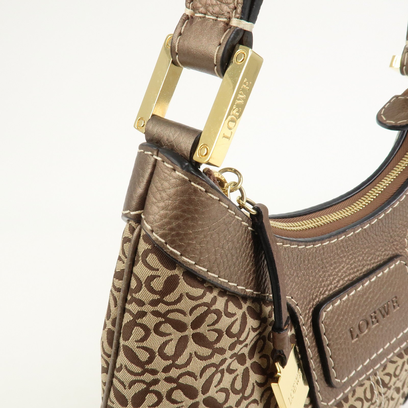 LOEWE New Road Line Logo Canvas Leather Shoulder Bag Brown Beige