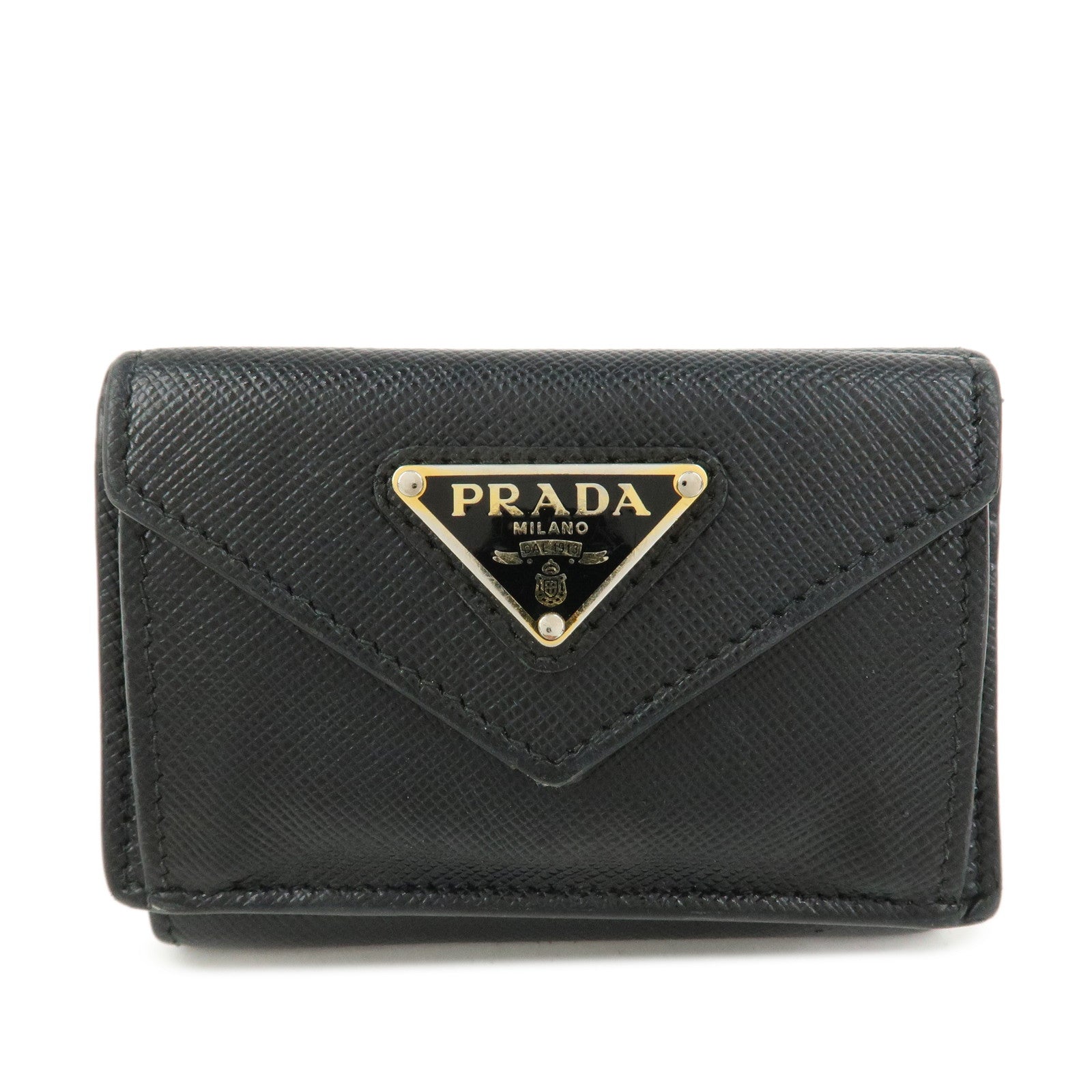 PRADA Triangle Logo Saffiano Leather Tri-fold Wallet Black 1MH021