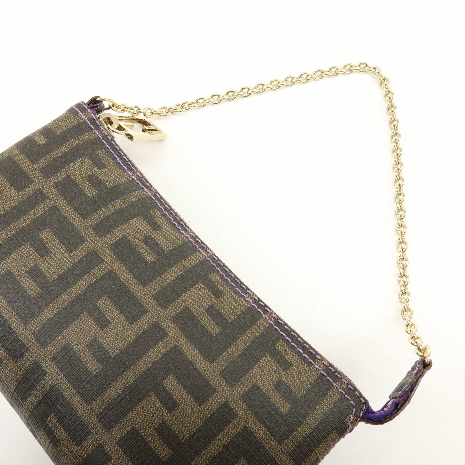 FENDI Zucca Print PVC Chain Accessory Pouch Brown Purple 8BR592