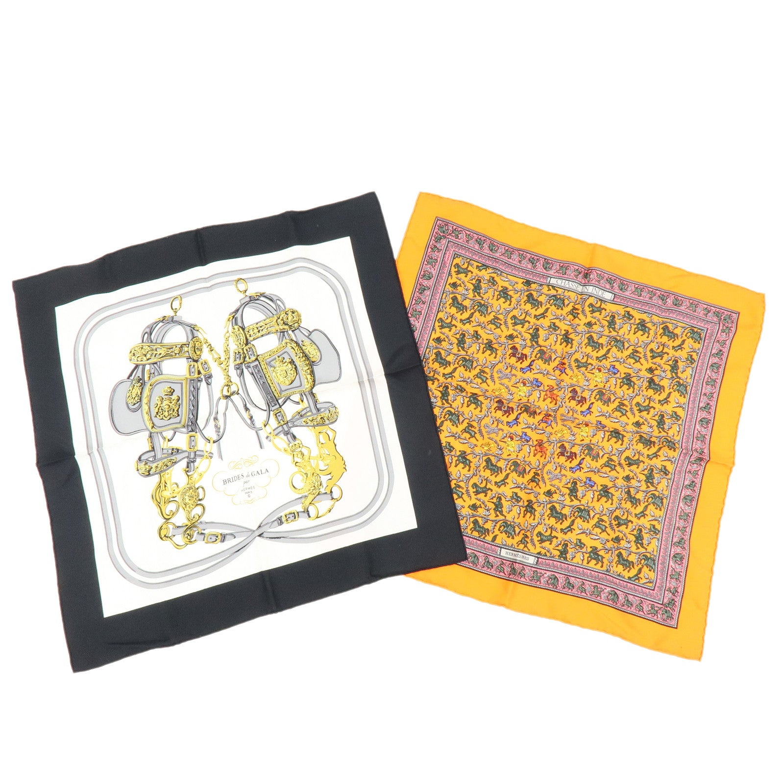 HERMES Carre 42 Set of 2 Silk 100% Scarf Orange Gold Navy