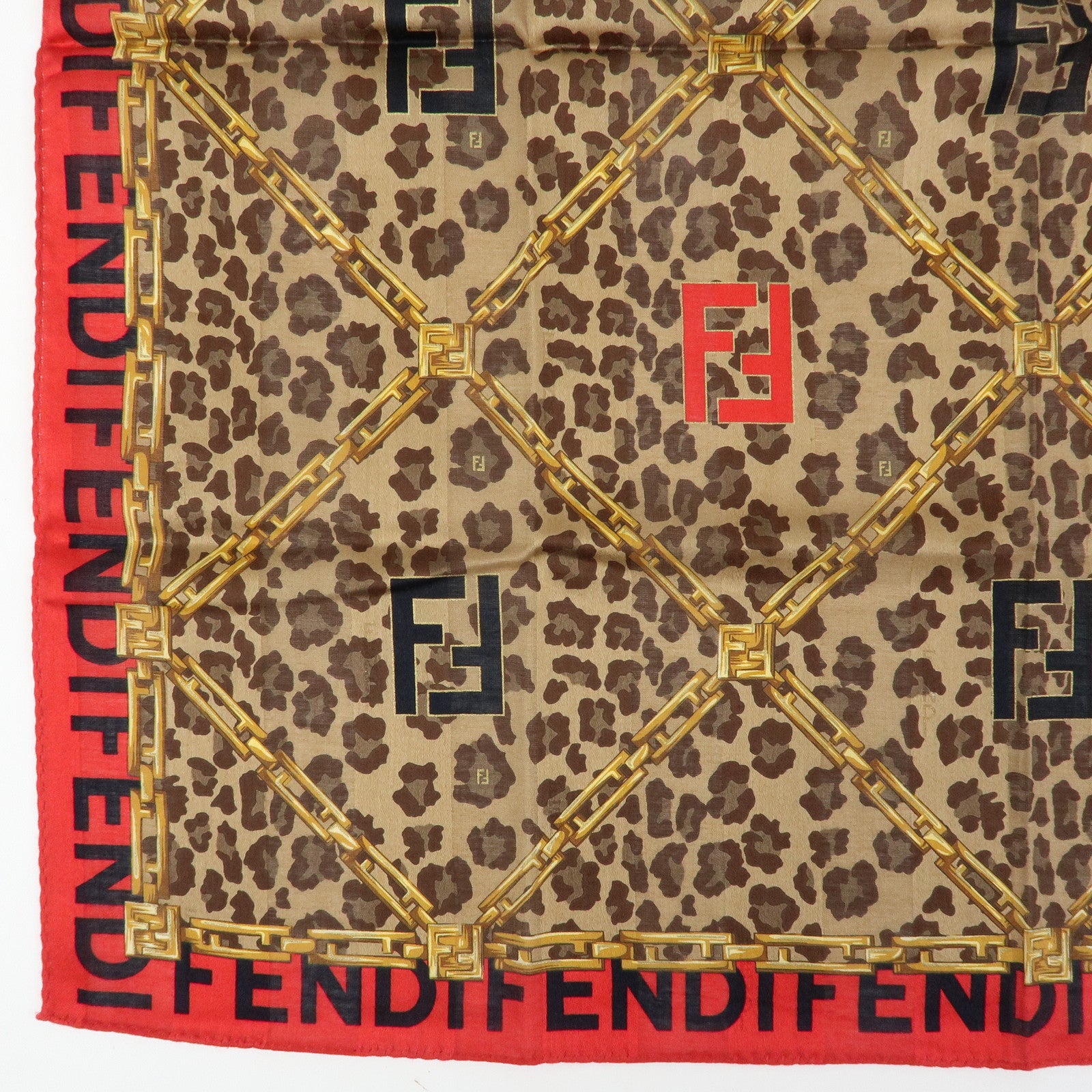 FENDI Cotton Scarf 57x57 Leopard Chain Motif Brown Red