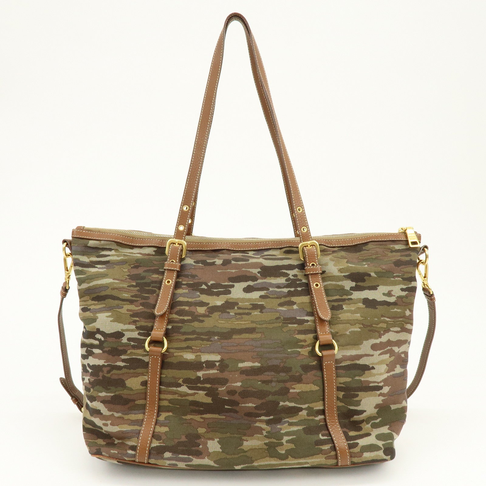 PRADA Canvas Leather Tote Bag Shoulder Bag Camouflage Brown Khaki