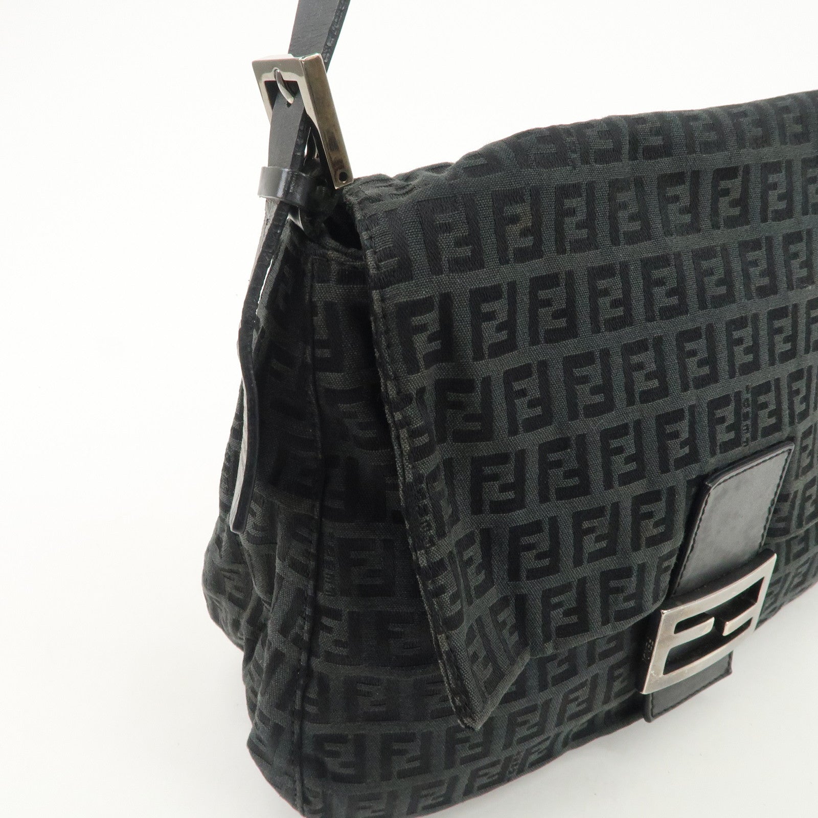 FENDI Mamma Baguette Zucchino Leather Canvas Shoulder Bag Black 8BR001 Used