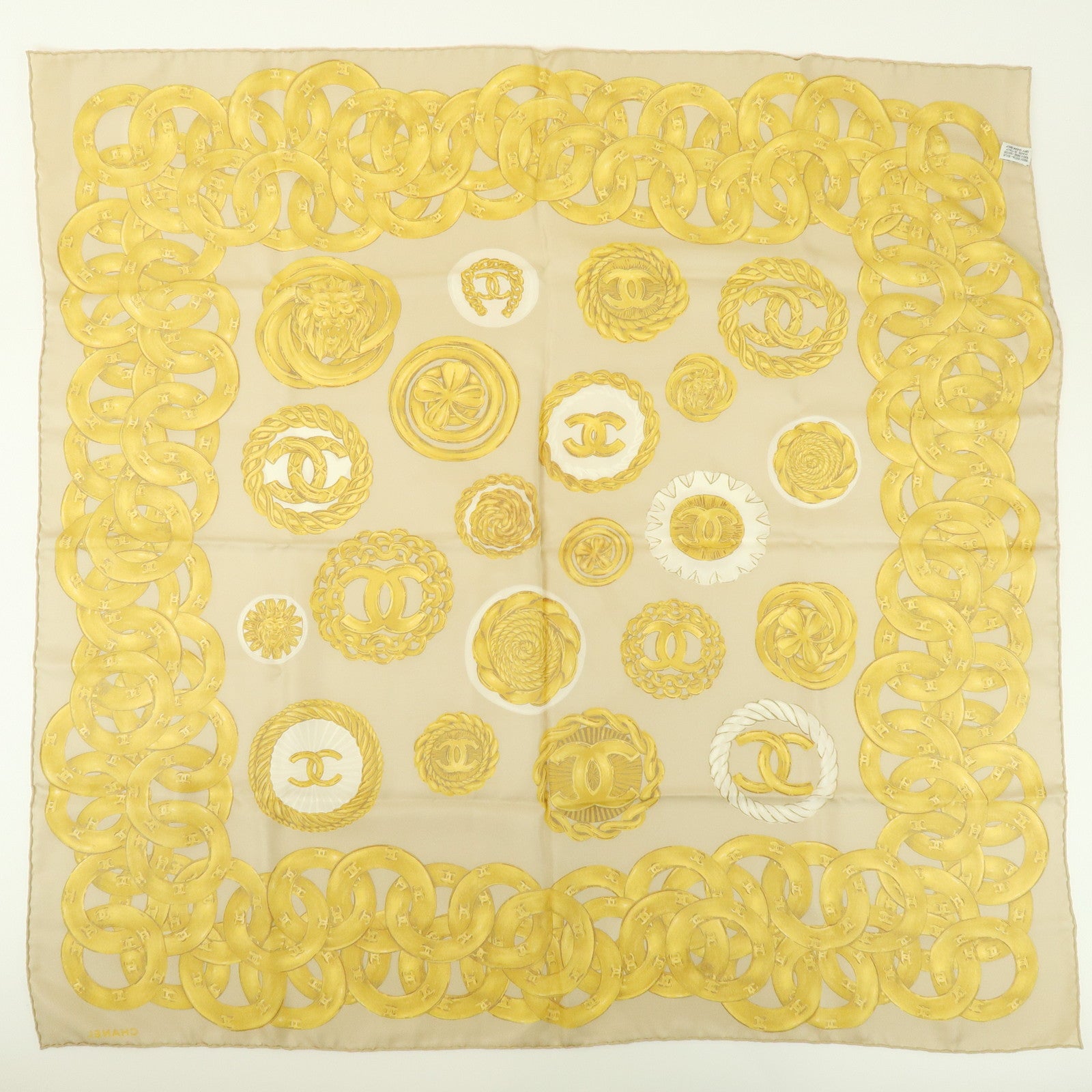 CHANEL COCO Mark Silk 100% Scarf Chain Pattern Yellow Beige