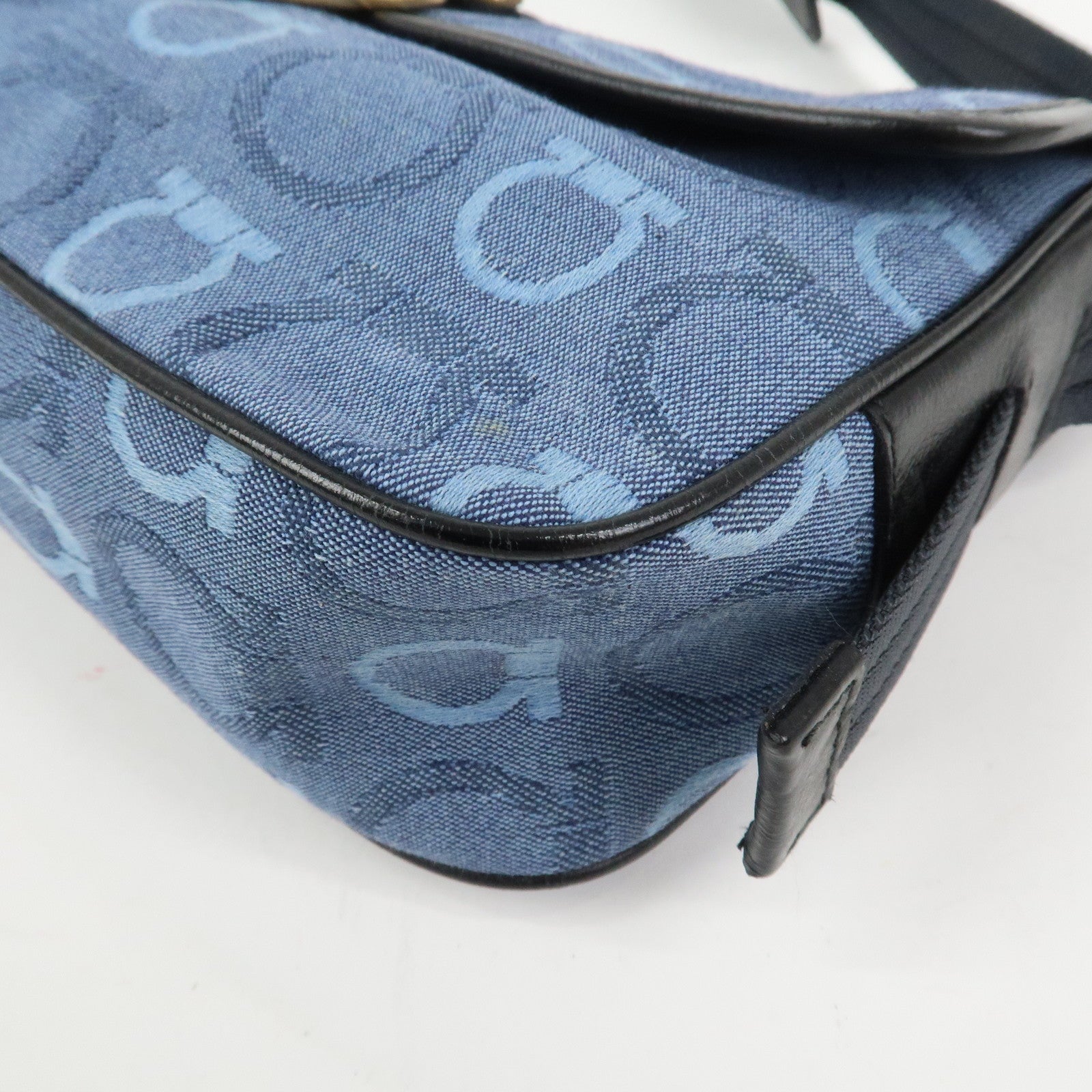 Ferragamo Gancini Canvas Leather Shoulder Bag Blue Black