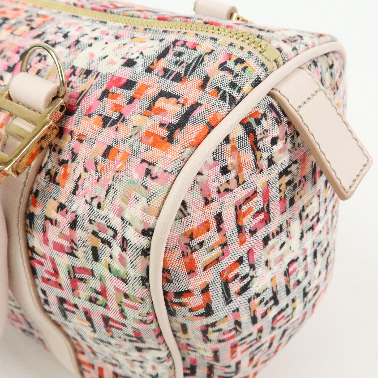 FENDI Zucchino Flower Print Canvas Leather Boston Bag Pink 8BL068