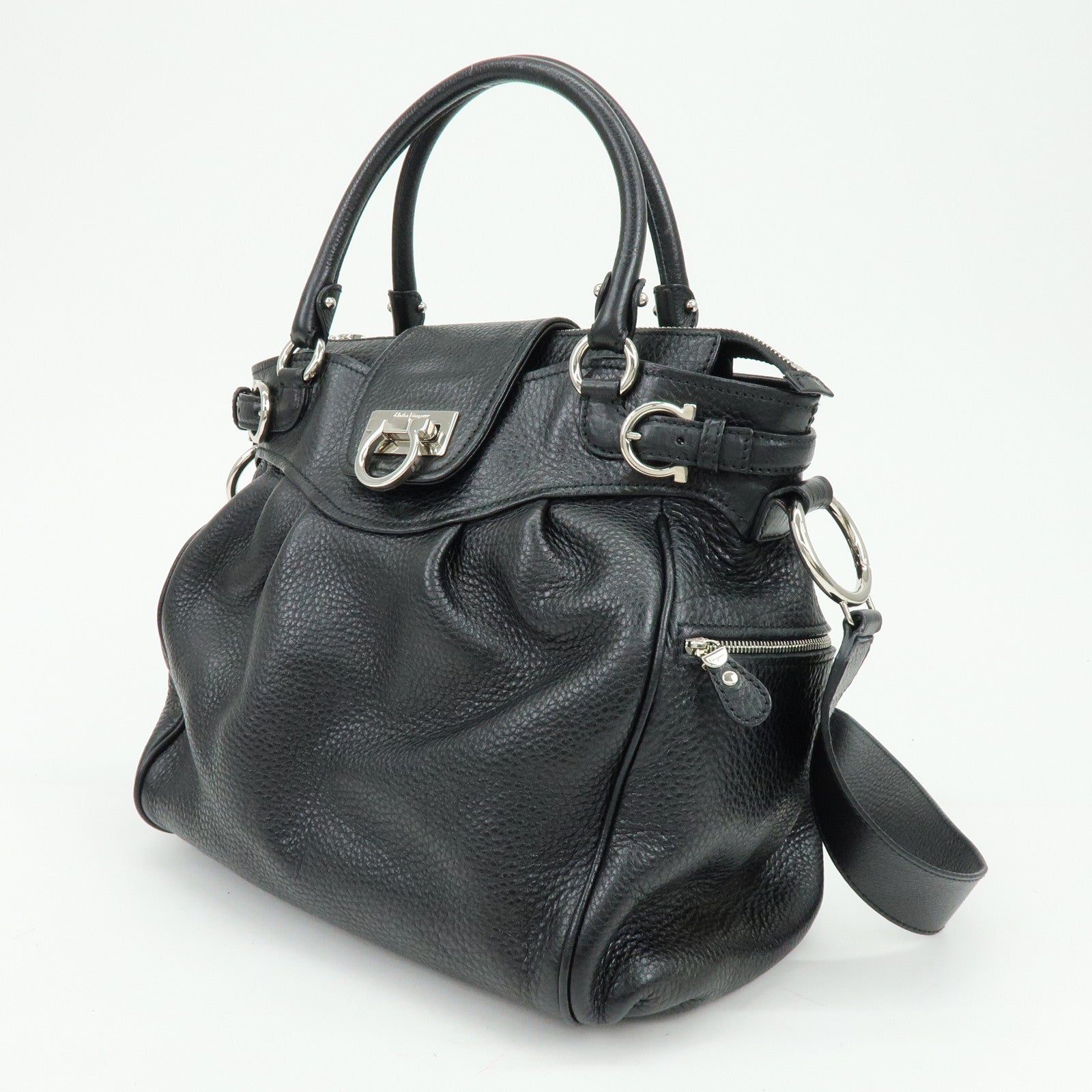 Ferragamo Gancini Leather 2Way Bag Hand Bag Shoulder Bag Black