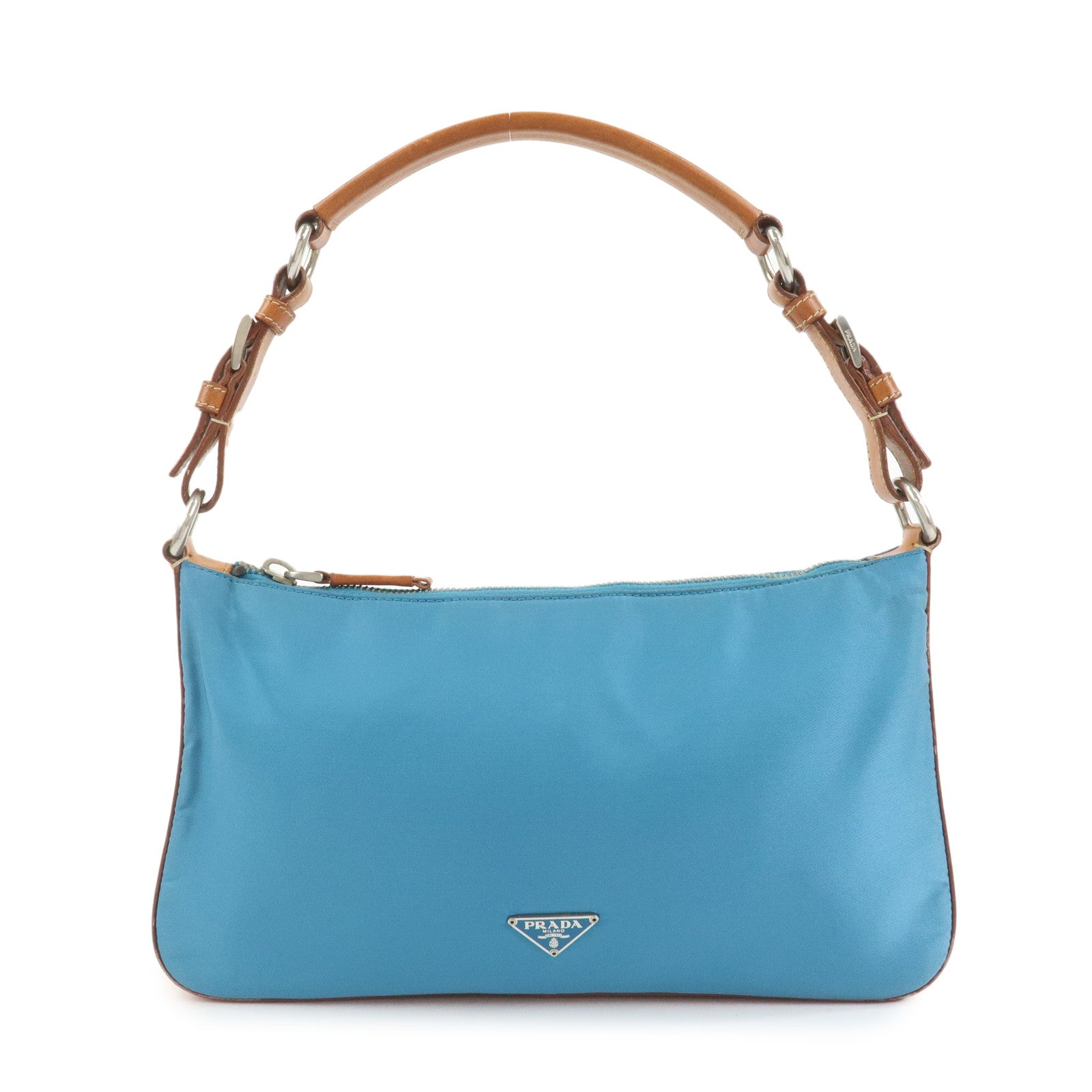 PRADA Triangle Logo Nylon Leather Shoulder Bag Blue Brown BR2205