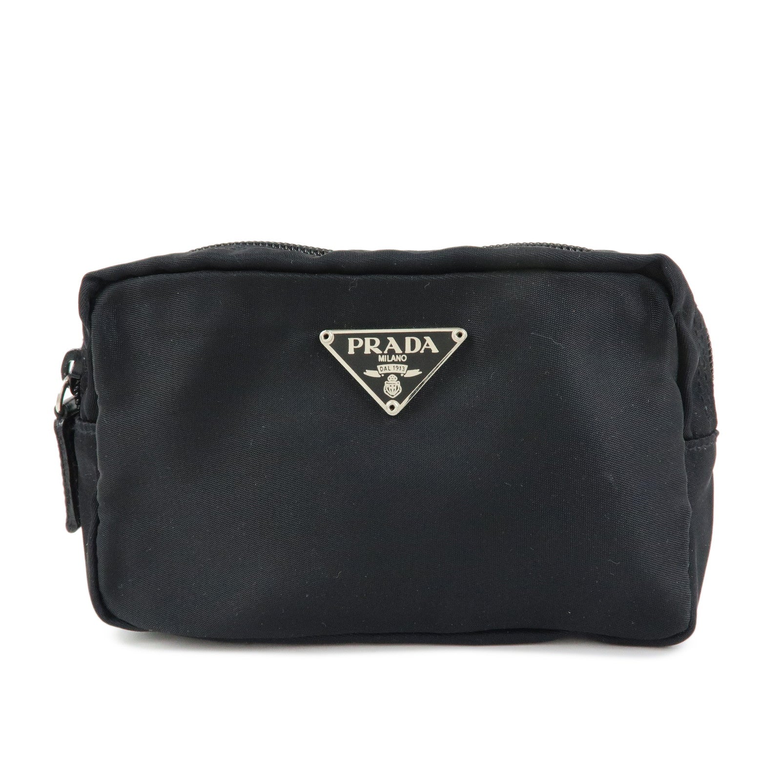 PRADA Triangle Logo Nylon Cosmetic Pouch Makeup Bag Black