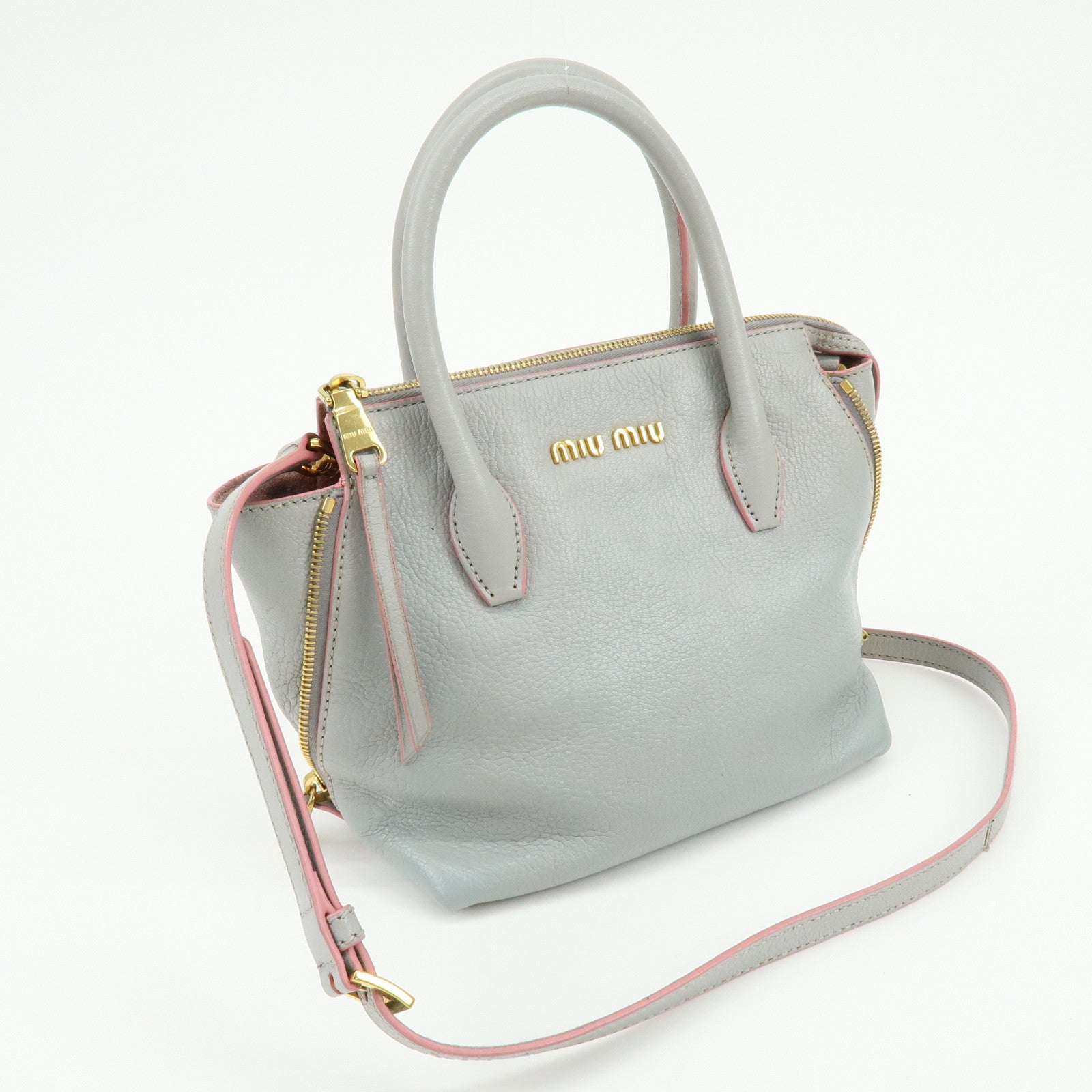 MIU MIU Madras Leather 2Way Bag Hand Bag Gray Pink 5BA003