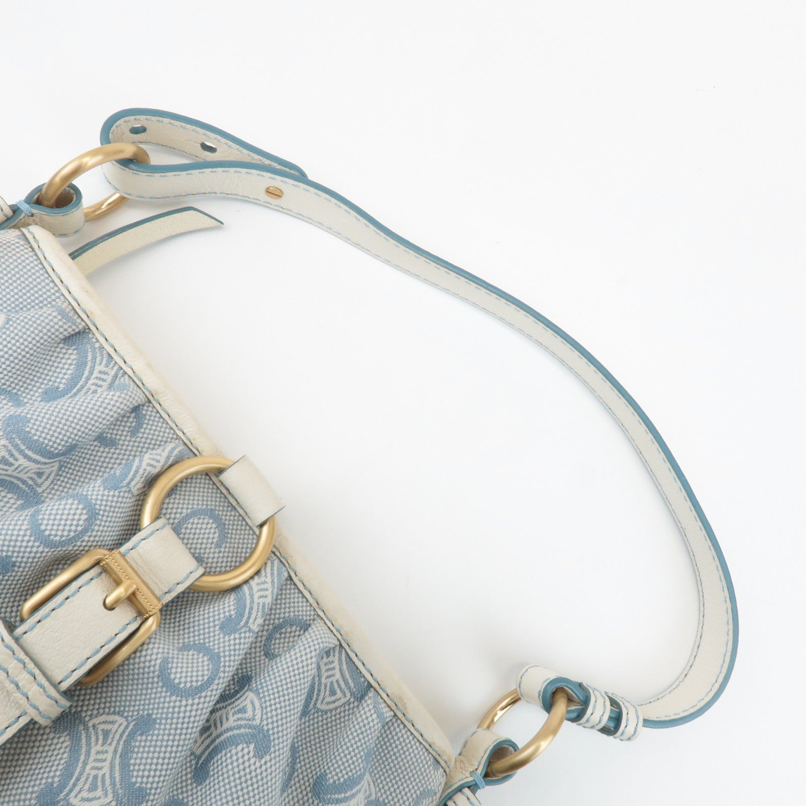 CELINE Canvas Leather Shoulder Bag Hand Bag Blue Ivory Used